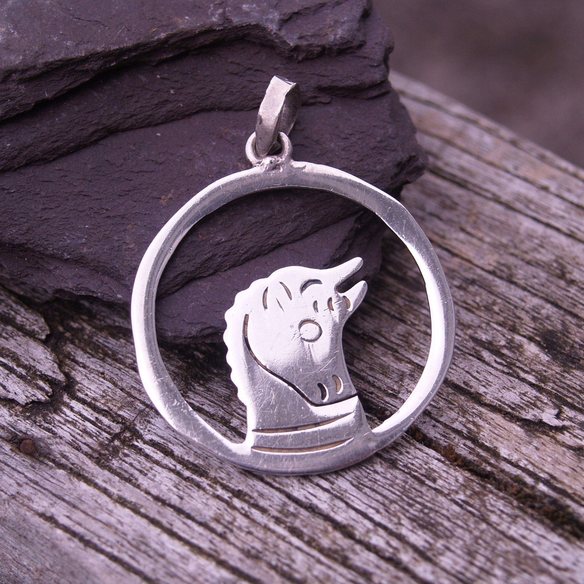 Vintage Mexican Sterling Silver Horses head- Howling Wolf Pendant.