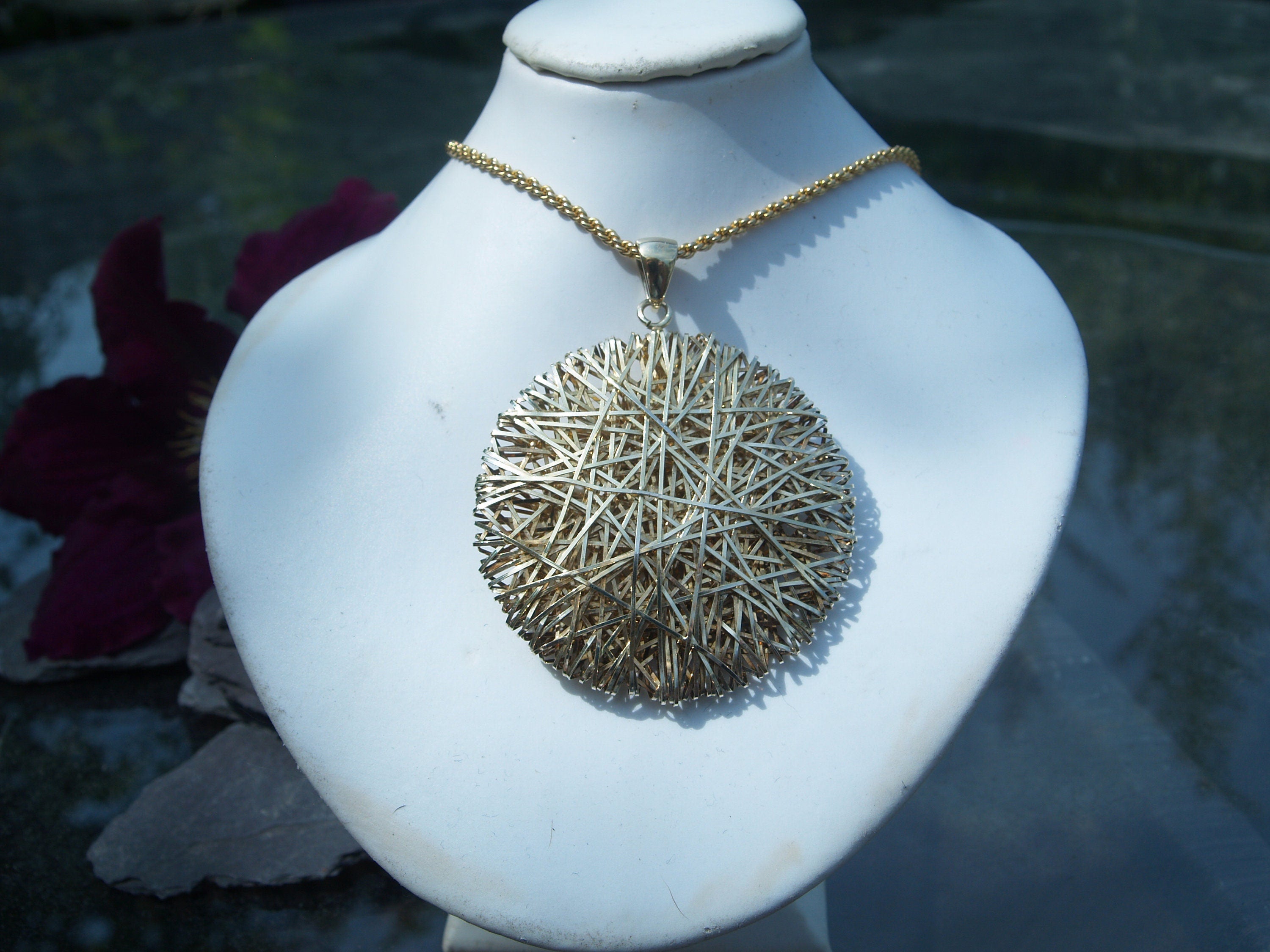 Sterling Silver Gilt large Woven Pendant & 22ct Gold Plated 24 Inch Chain.