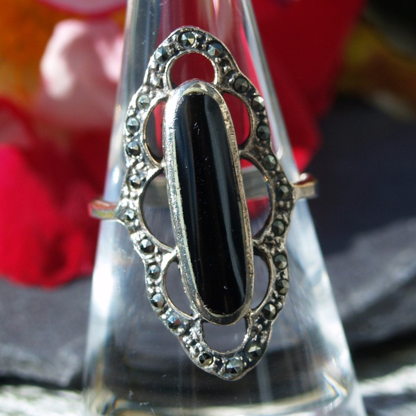 Vintage Art Deco Style Sterling Silver Onyx & Marcasite Ring Size N or 6 3/4 (US) .