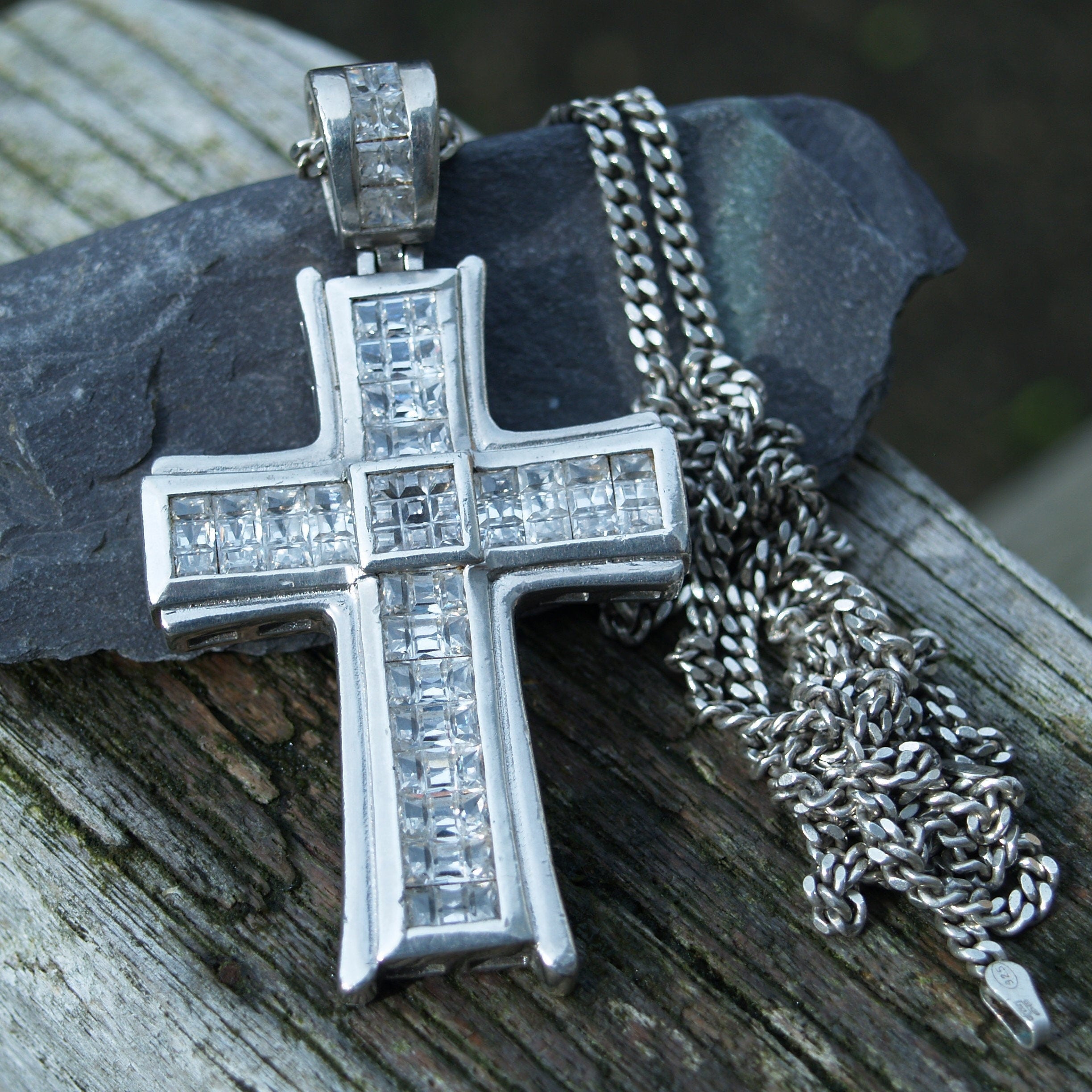 Vintage Cross & Chain In Heavy Sterling Silver With Cubic Zirconia.