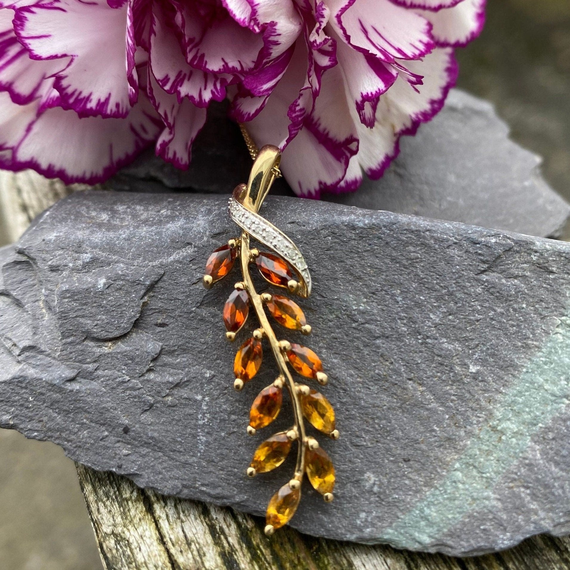 9ct Gold Yellow Topaz & Diamond Fern Pendant and 9ct Adjustable Chain