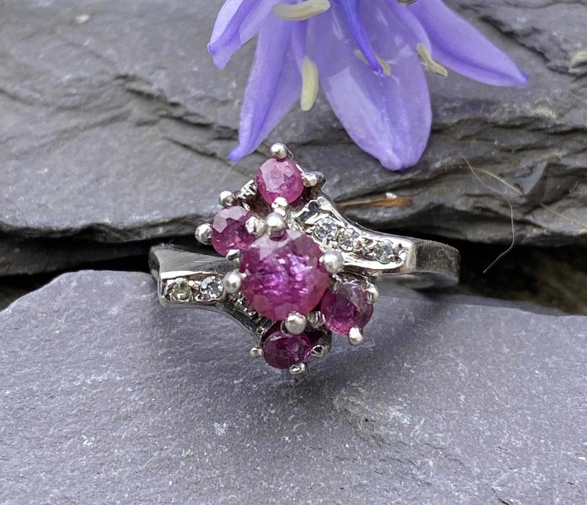 Vintage Sterling Silver Ruby & White Spinel Ring Size L or 5 3/4 US