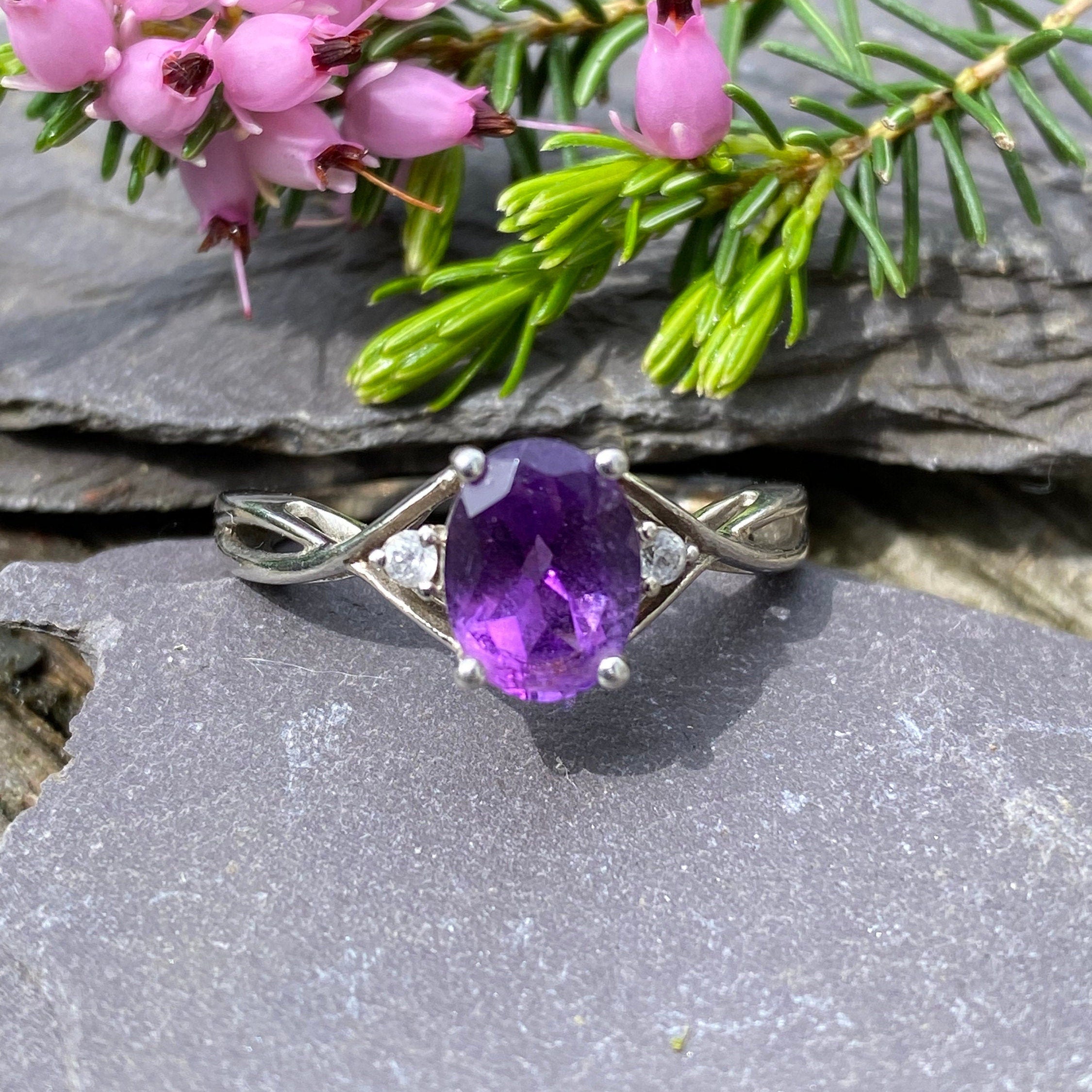 Sterling Silver Amethyst & White Topaz Ring Size N 1/2 or 7 US