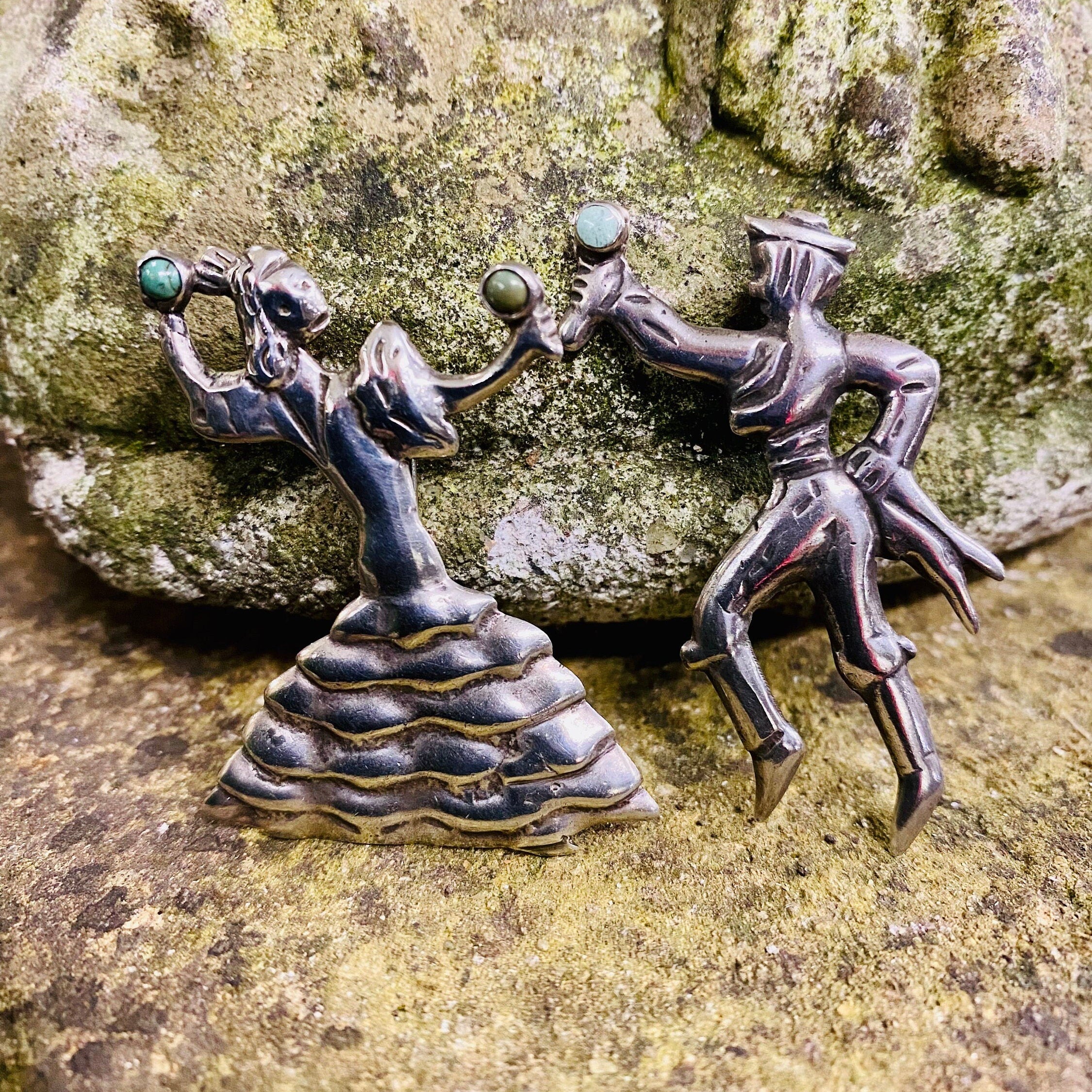 Sterling Silver & Turquoise Mexican Flamenco Dancers Brooches.