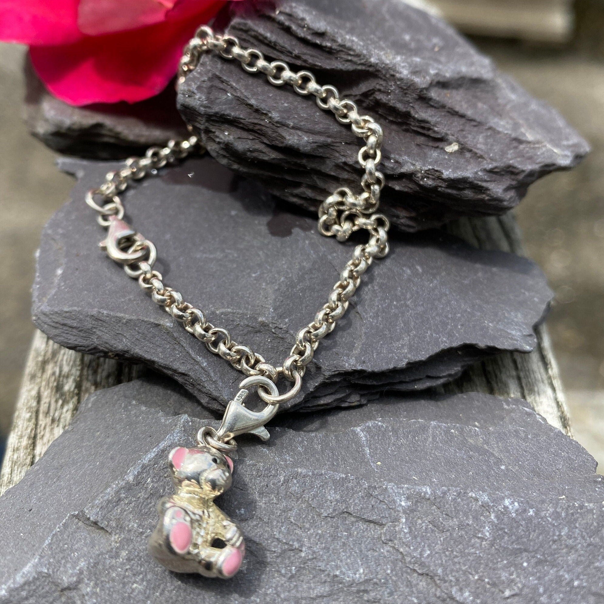 Sterling Silver Girls Christening Bracelet & Teddy Charm.