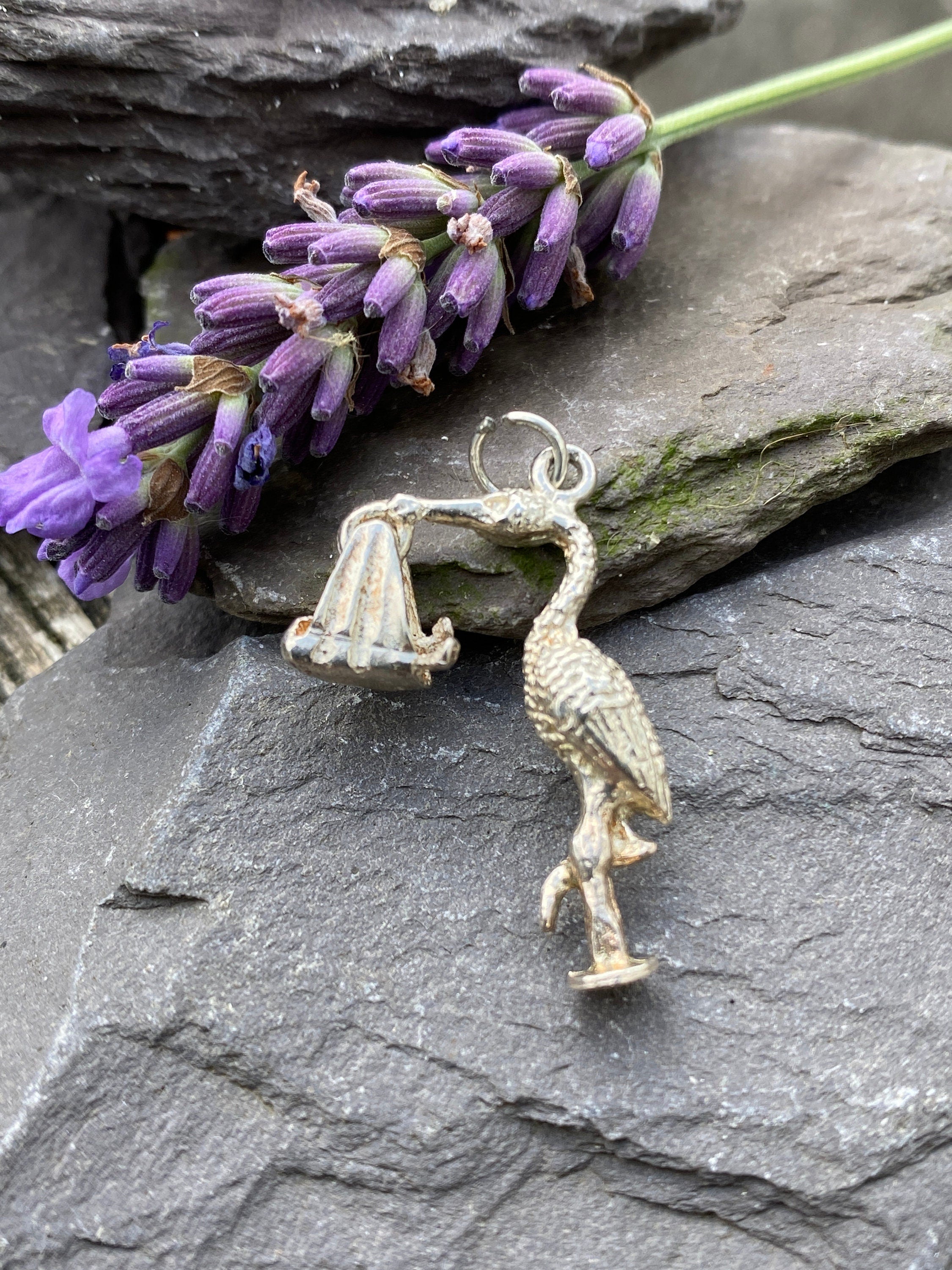 Vintage Sterling Silver Stork & Baby Charm/Pendant.