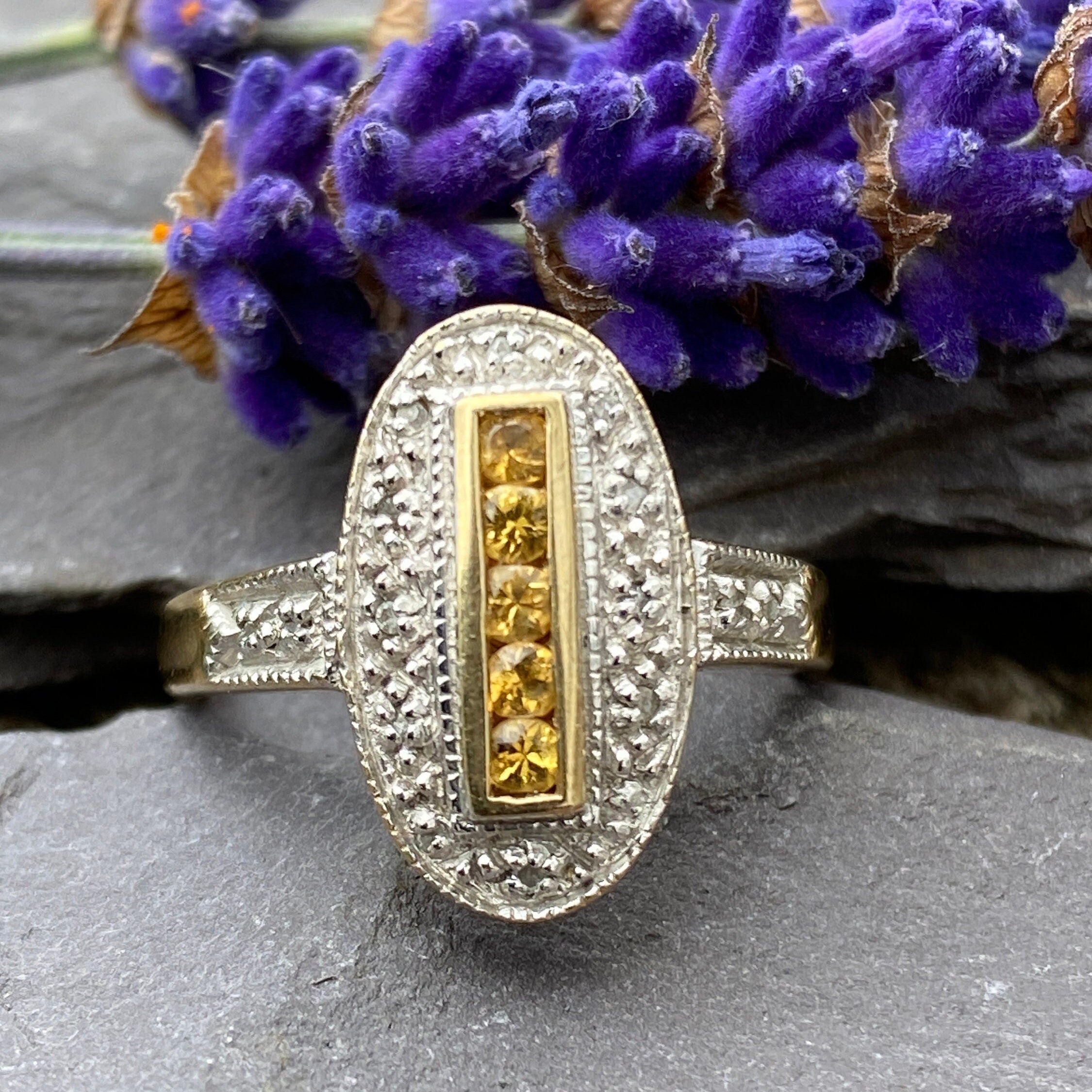 Art Deco Style 9ct Gold Yellow Sapphire & Diamond Ring Size M or 6 1/4  US