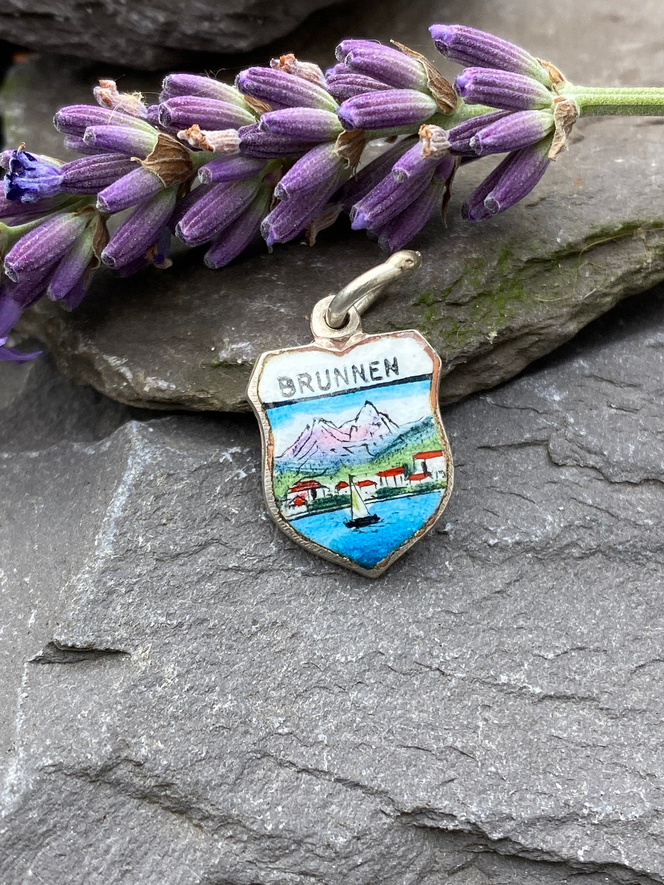 Vintage Silver & Enamel Brunnen Town Shield Charm.