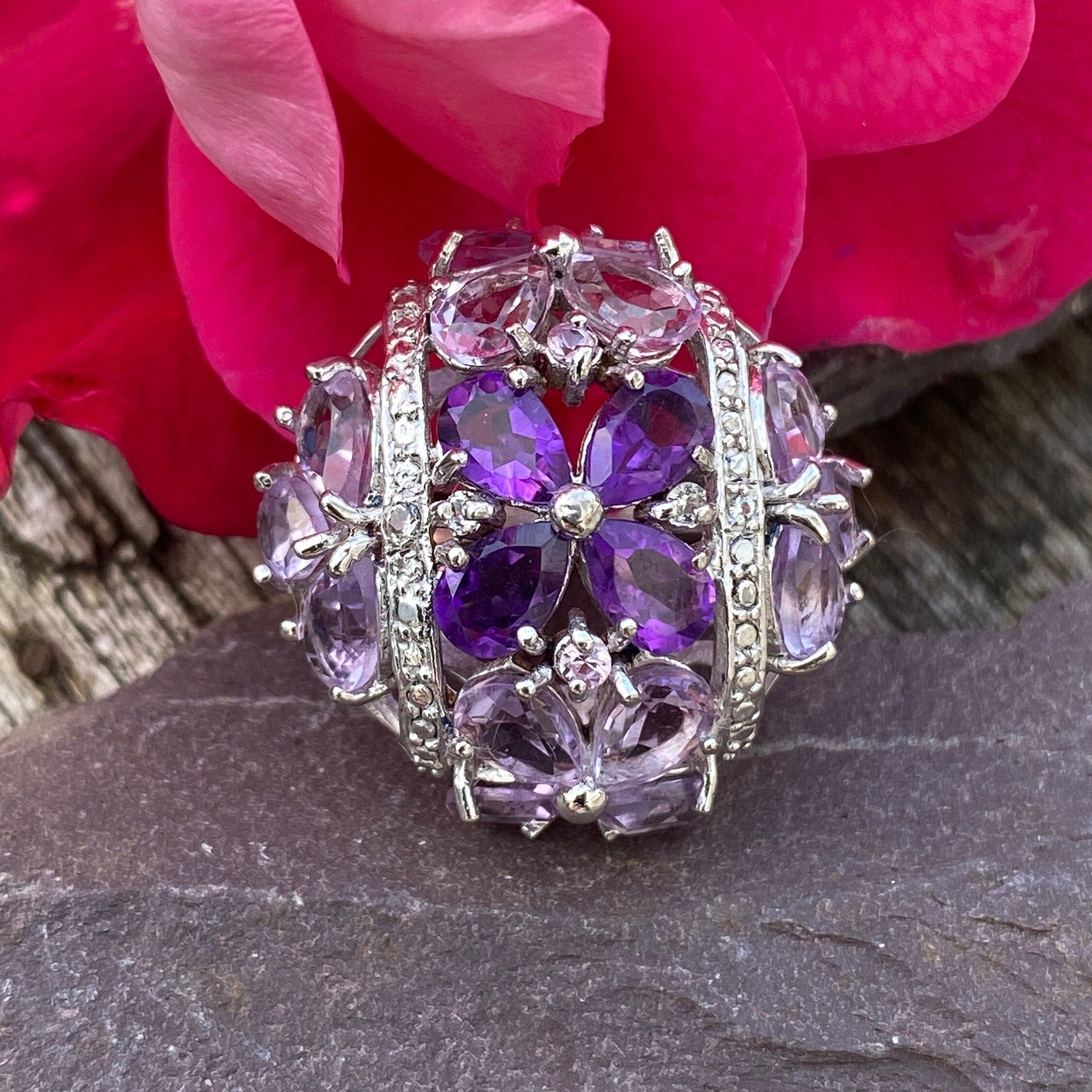 Sterling Silver & Amethyst Cubic Zirconia Cocktail Ring Size M 1/2 or 6 1/4 US