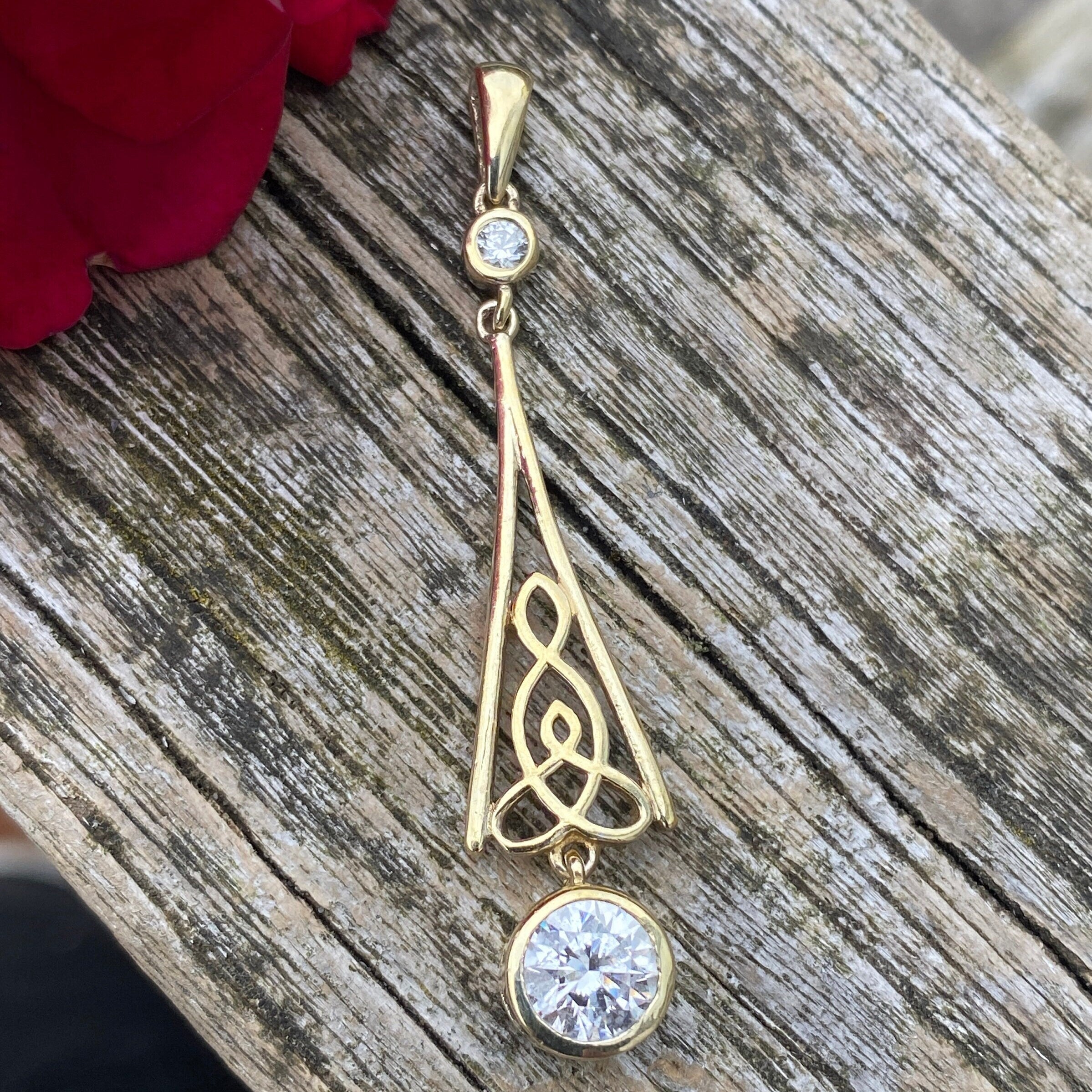 Sterling Silver Vermeil & Cubic Zirconia Long Drop Pendant.