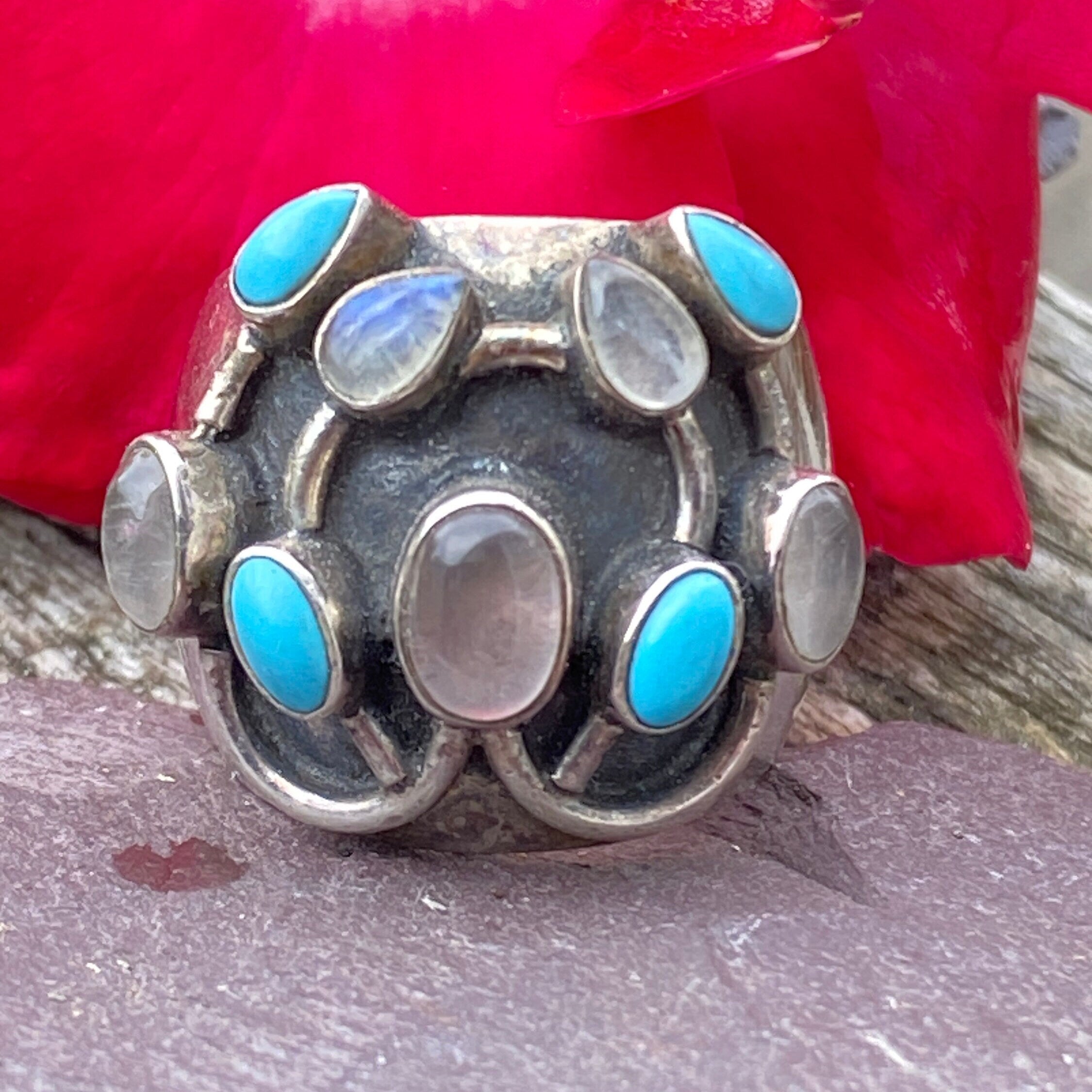 Vintage Sterling Silver Turquoise Moonstone & Spectrolite Ring Size P or 7 1/2 US.