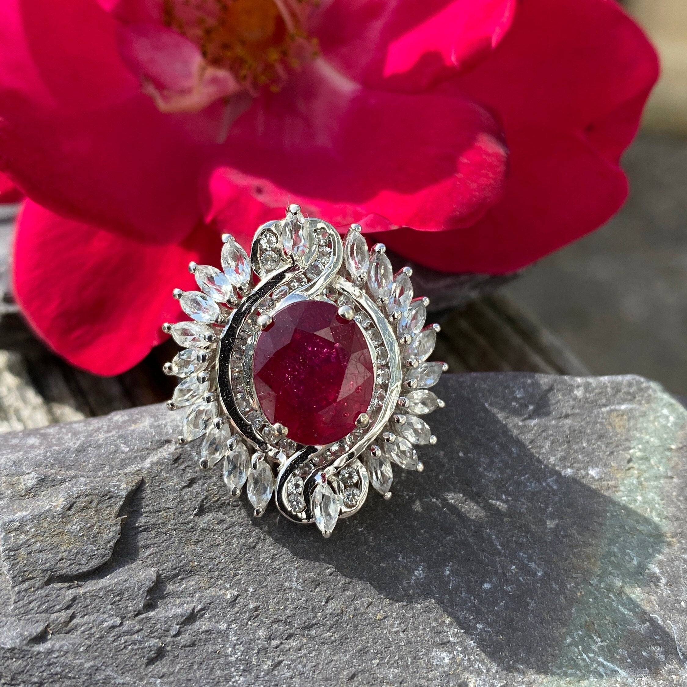 Sterling Silver Ruby & Cubic Zirconia Large Cocktail Ring Size L 1/2 or 6 US