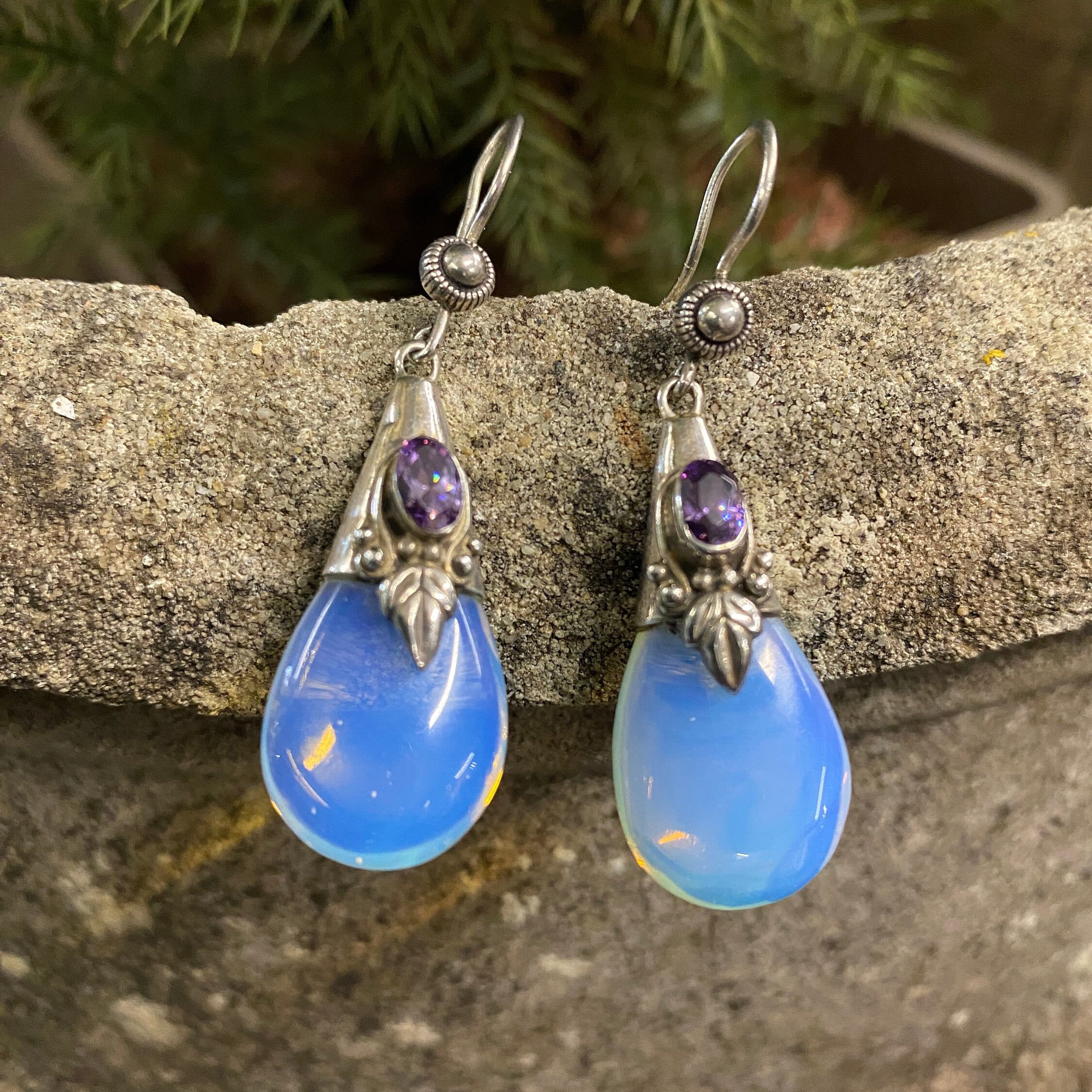 Sterling Silver Amethyst & Moon Glass Drop Earrings.