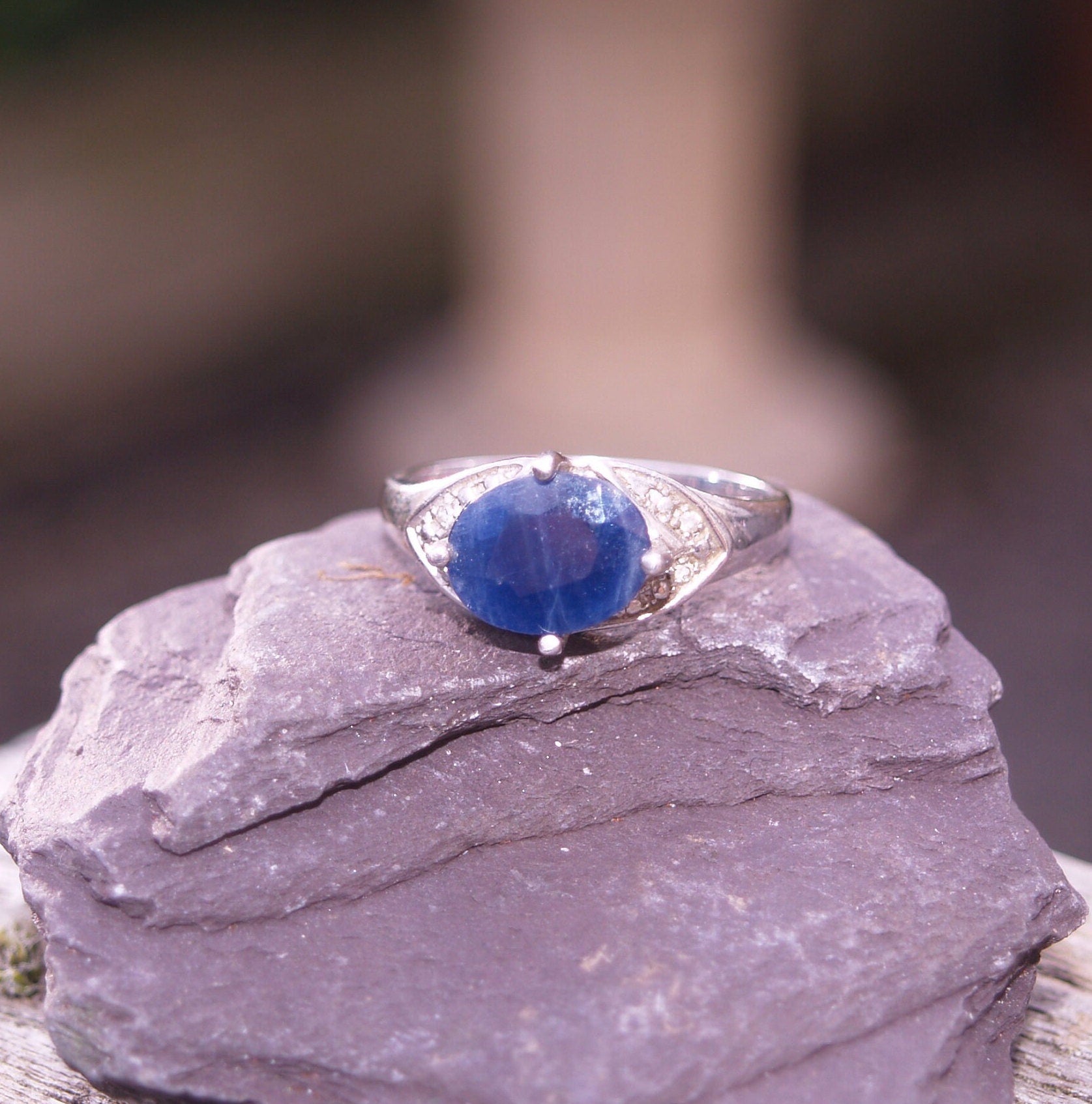 Sterling Silver Sapphire & Diamond Ring Size R 1/2 or 9 USA.