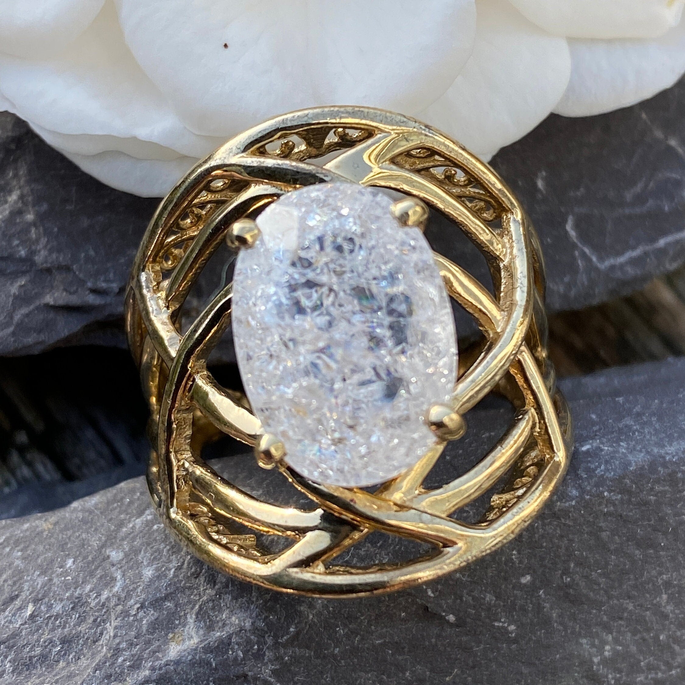 Sterling Silver Gilt Crackle Quartz Statement Ring Size N 1/2 or 7 US.