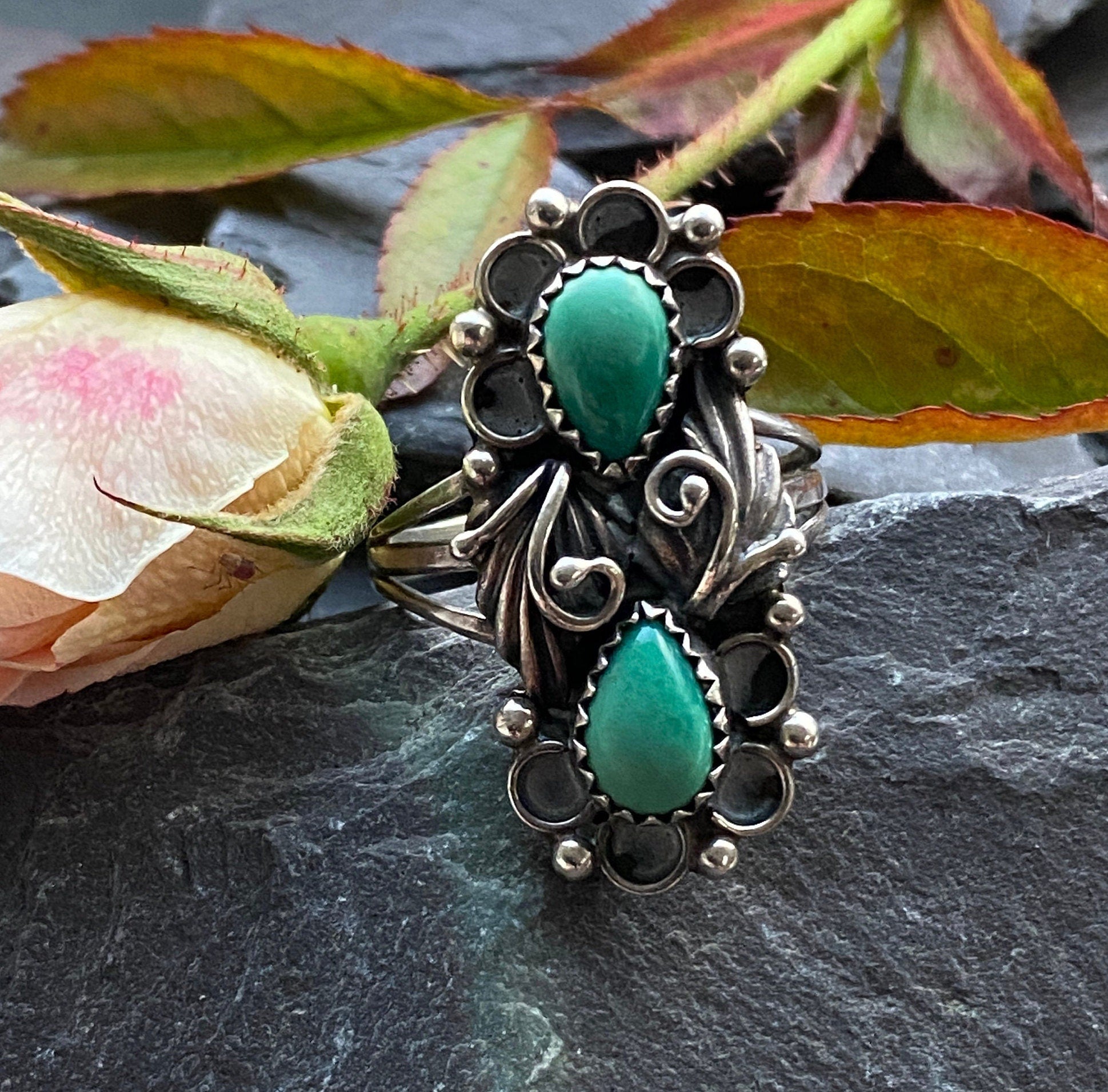 Vintage Sterling Silver & Turquoise Navajo Ring by Jason Livingstone Size Q or 8 1/4 US.