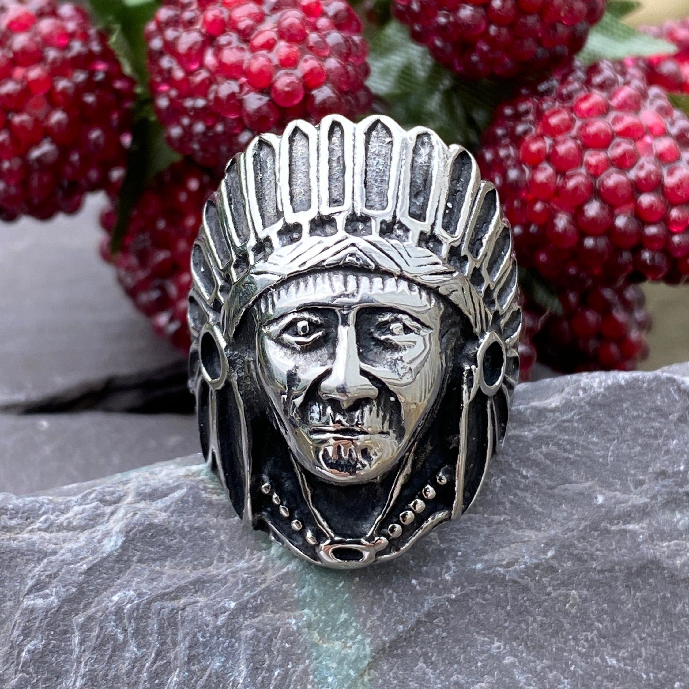 Stainless Steel Native American Warrior Head Ring Size S or 9 1/4 US.