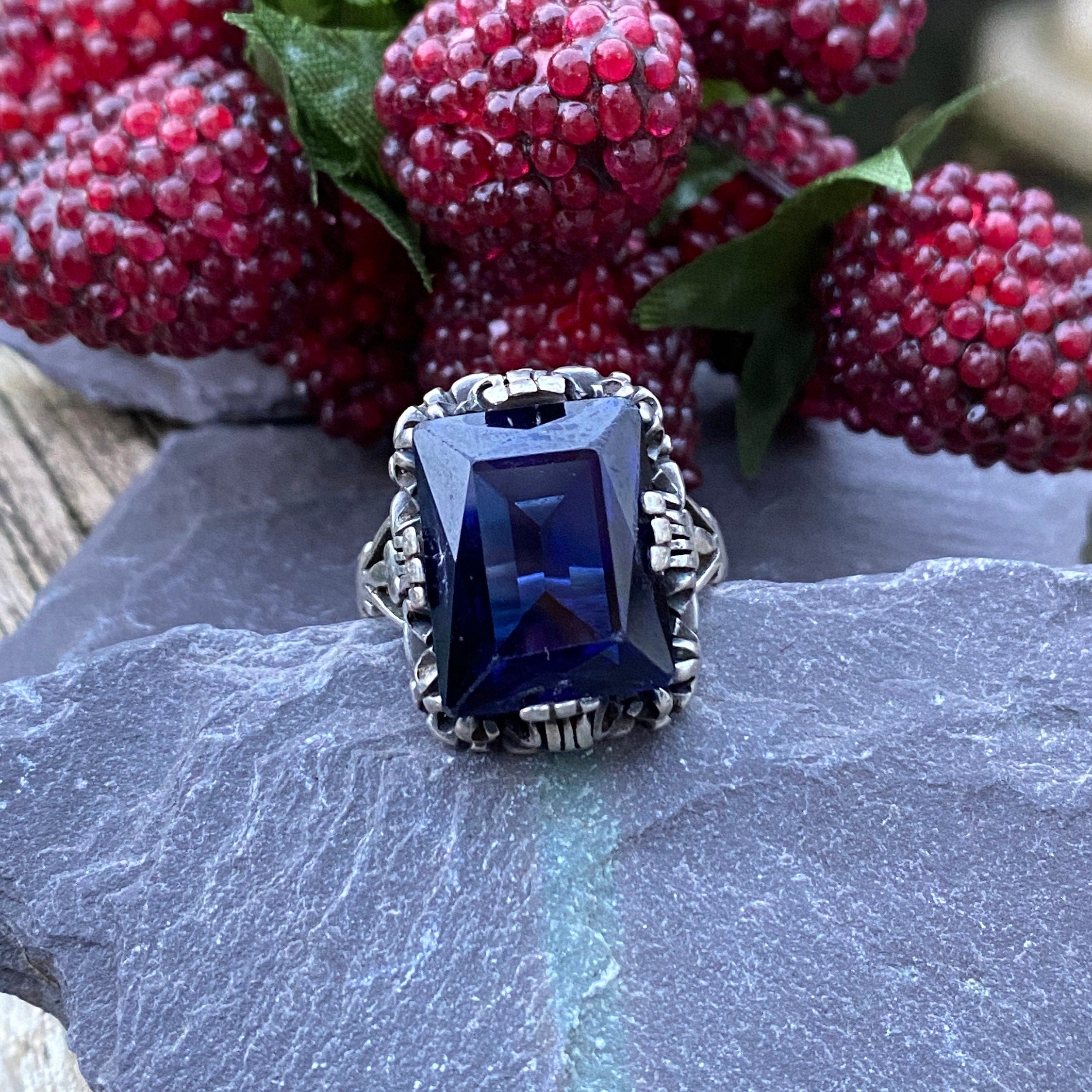 Vintage Silver & Sapphire Paste Ring Size P or 7 3/4US