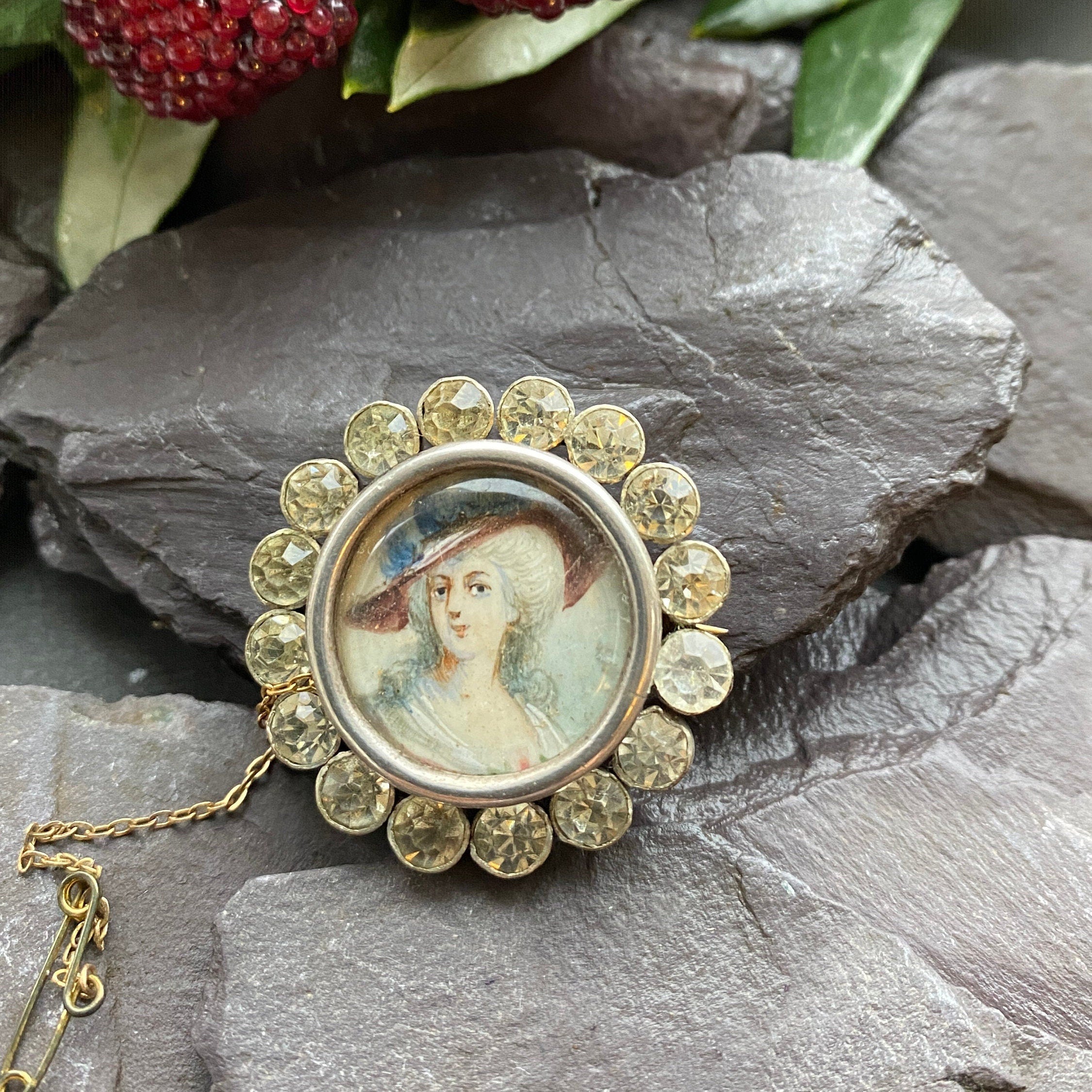 Victorian Silver Gilt & Paste Hand Painted Portrait Miniature Brooch.