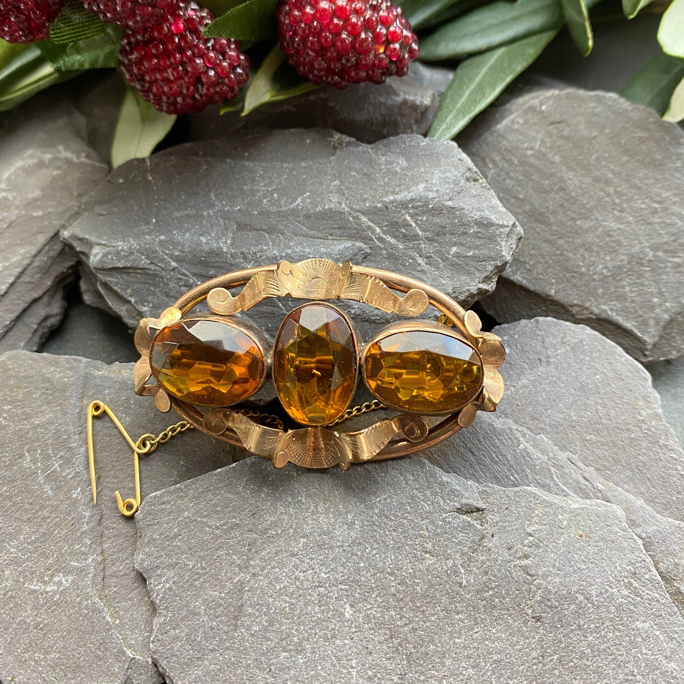 Victorian Citrine Paste & Rolled Gold Brooch.