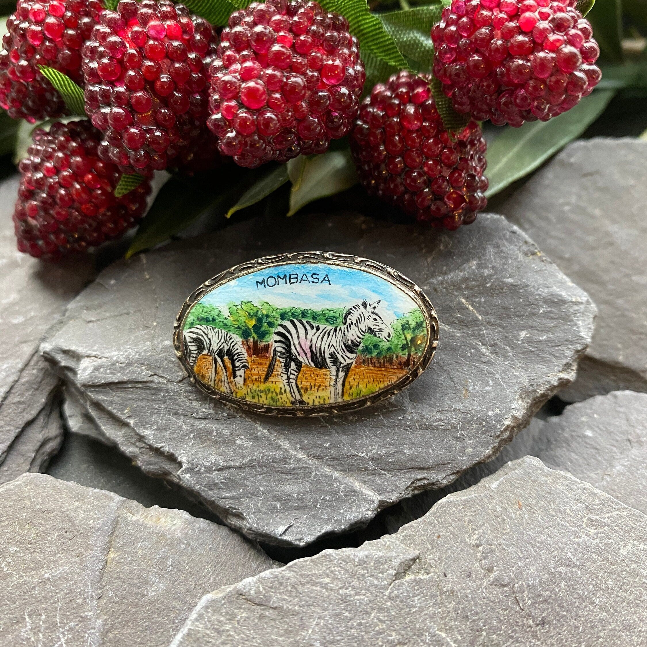 Vintage Silver & Enamel Mombasa Zebra Brooch.