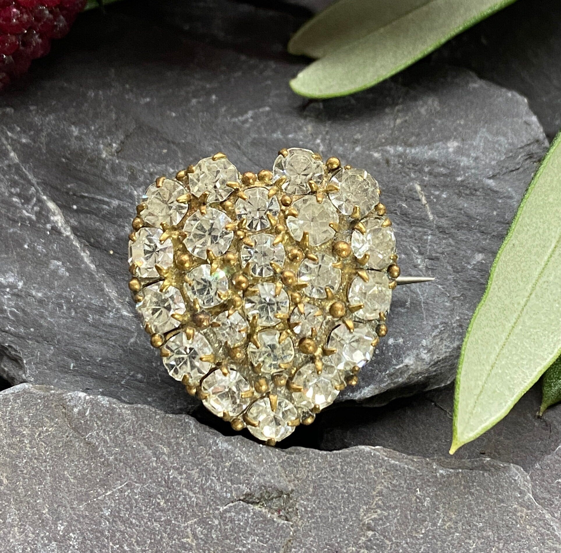 Antique Victorian Gilded Brass & Paste Heart Pendant.