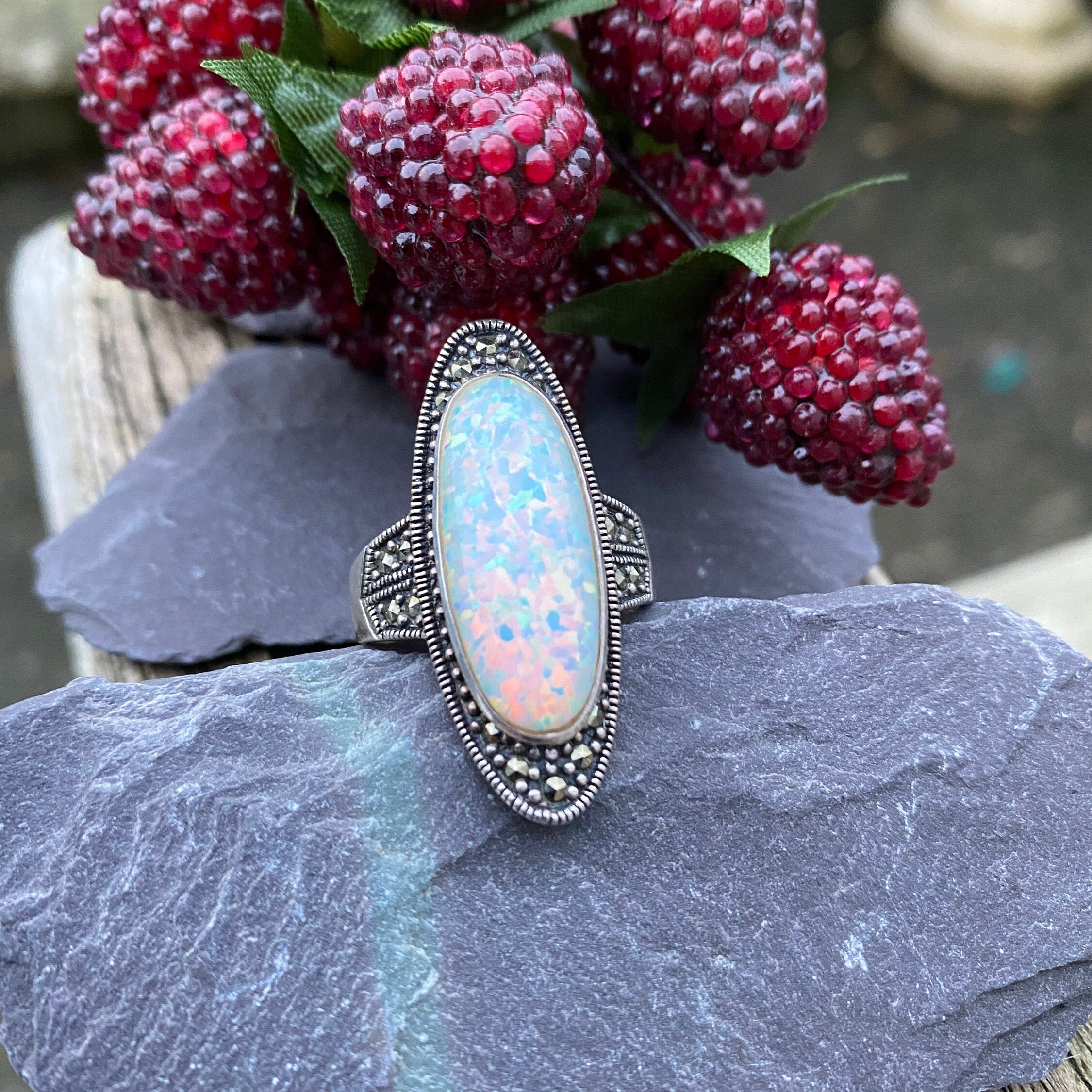 Sterling Silver Synthetic Opal & Marcasite Statement Ring Size T or 9 3/4 US