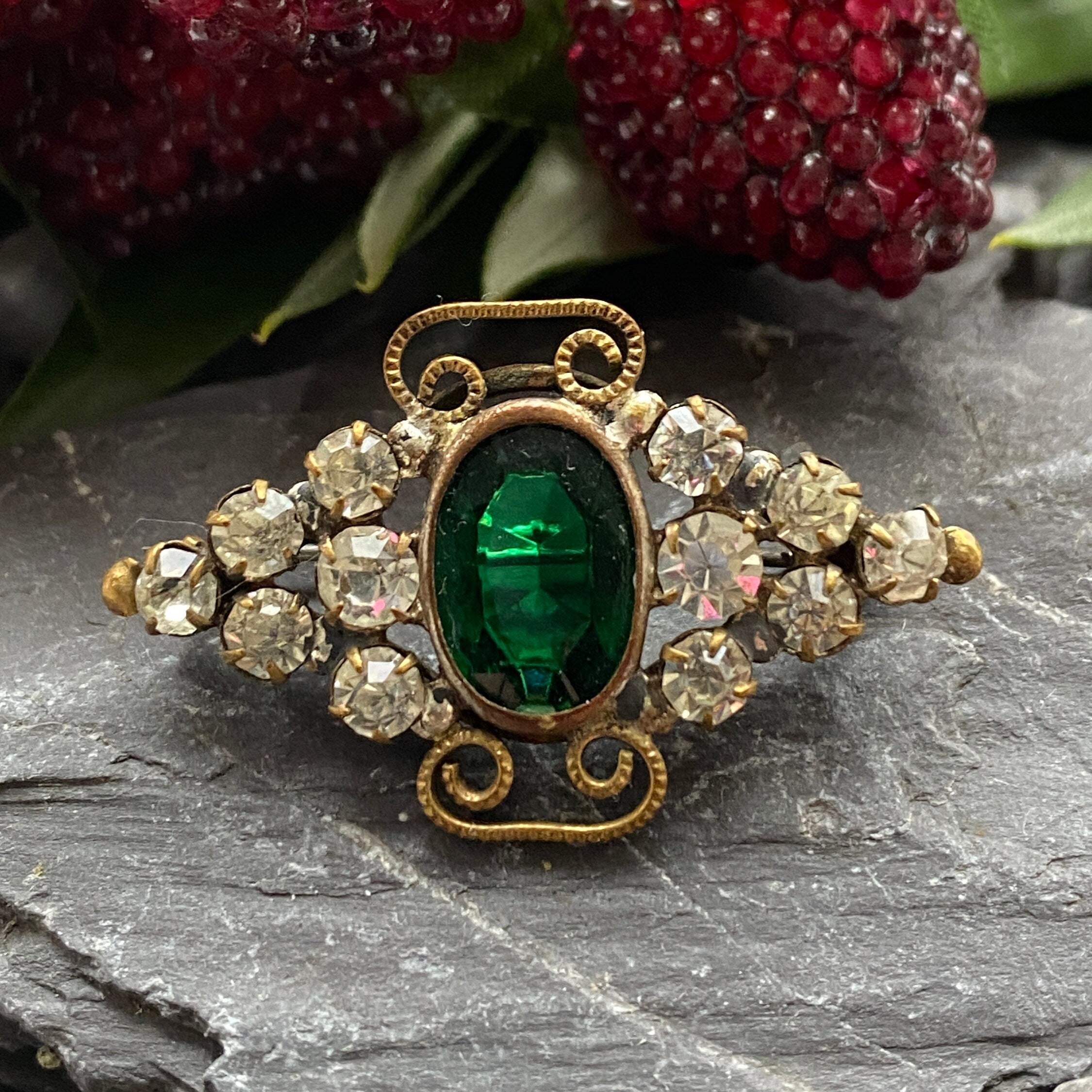 Antique Scrolled Brass 'Emerald' & 'Diamond' Paste Brooch.