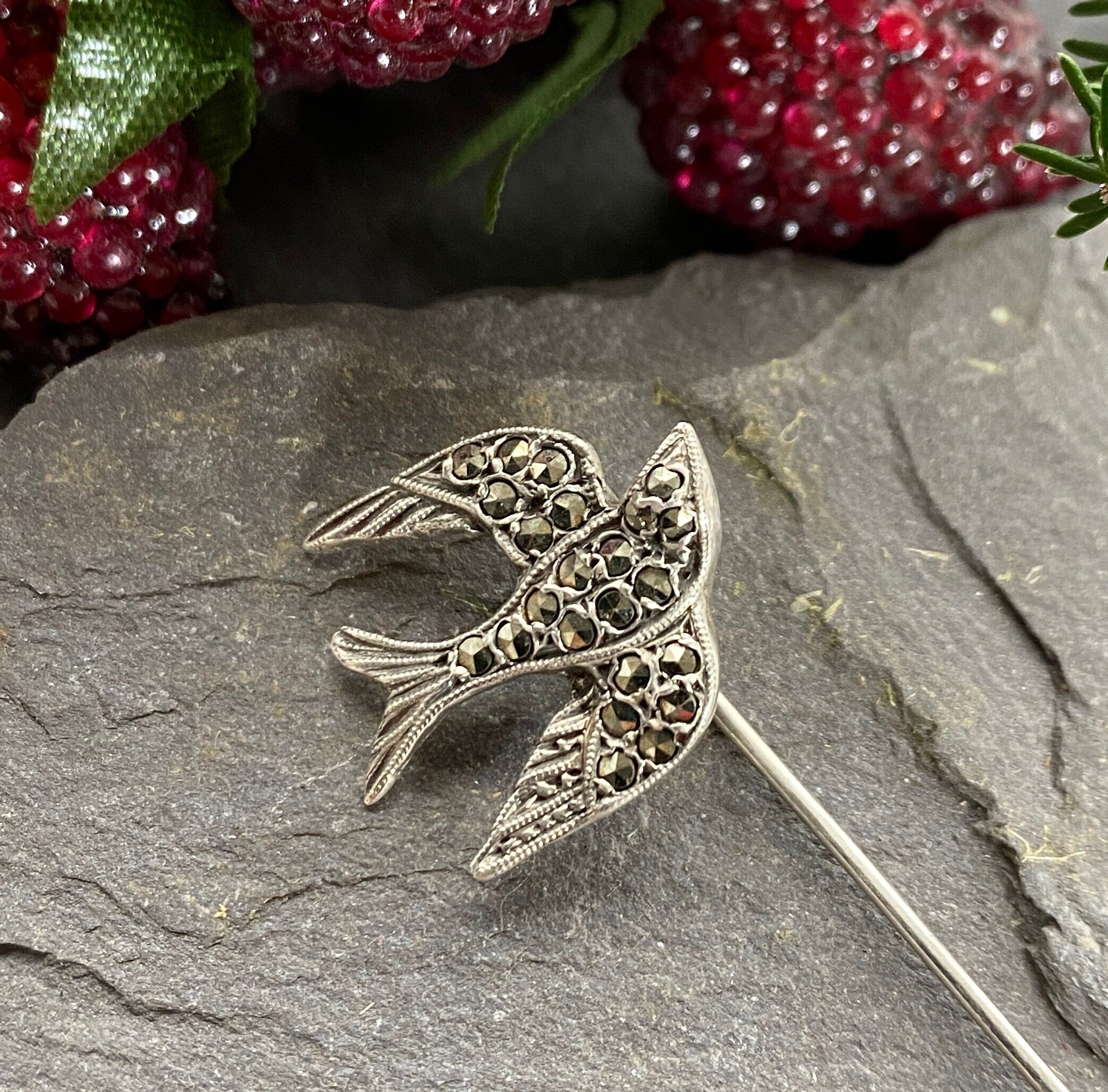 Silver & Marcasite Stickpin brooch With Swallow Bird Design.