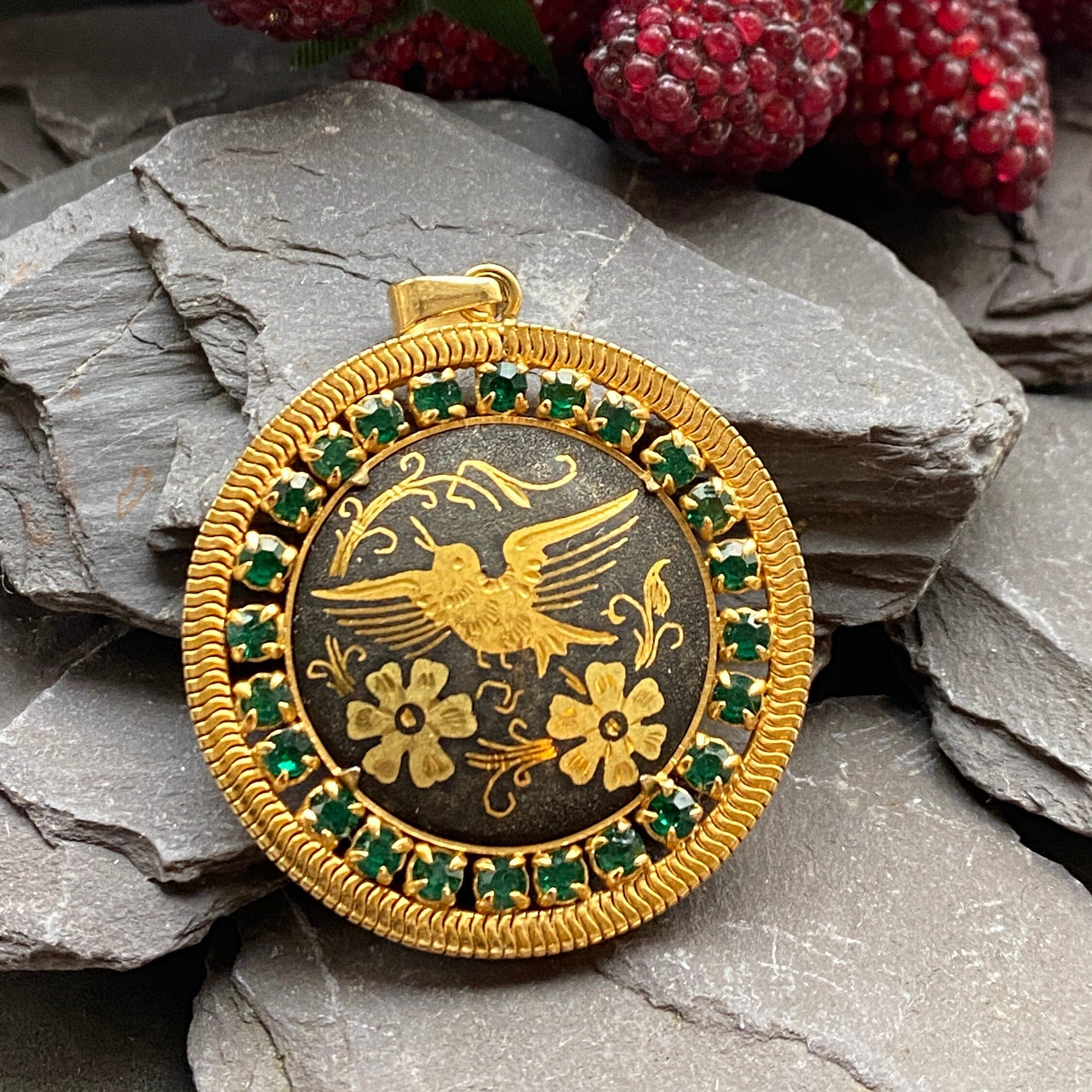 Vintage Toledo Ware Damascene and Emerald Paste Pendant.