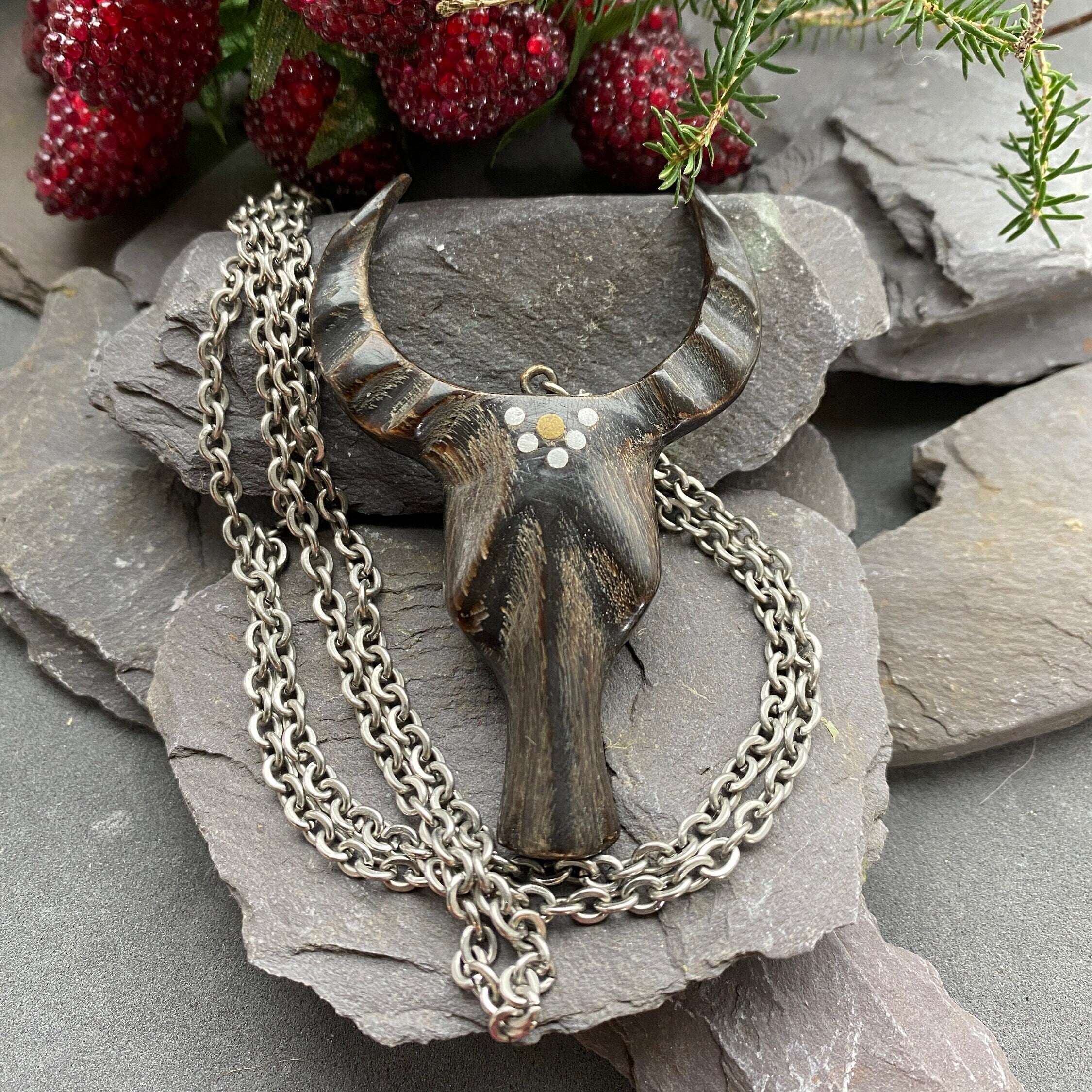 Vintage Kudu Head Necklace with Attached 28 Inch Chain.