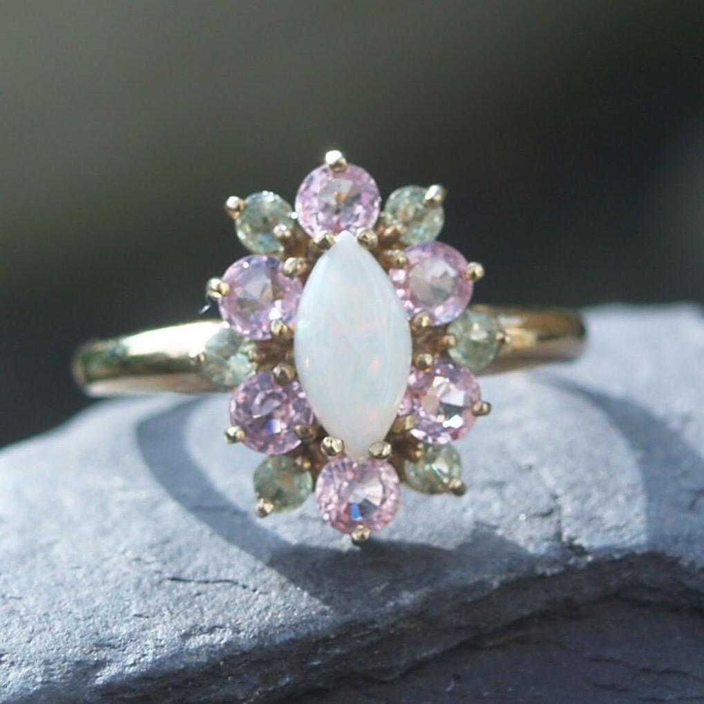 9ct Gold Opal Peridot & Pink Sapphire Cluster Ring Size N 1/2 or 7 (US)