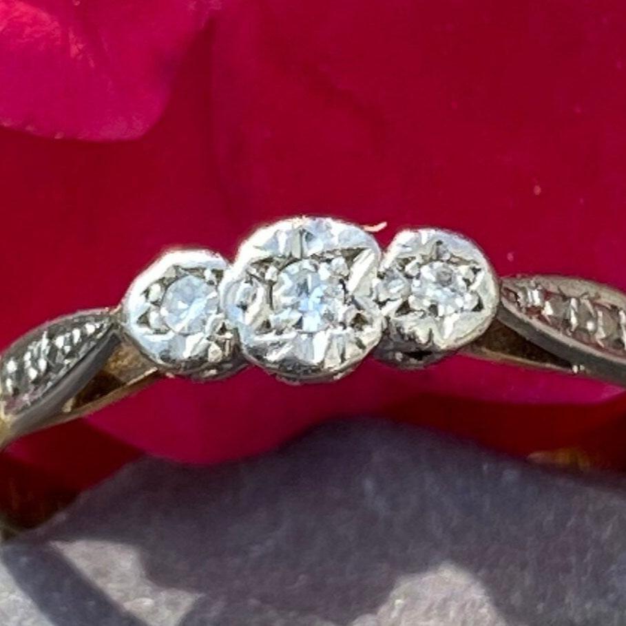 Antique 18ct & Platinum Three Diamond Ring Size Q 1/2 or 8 1/2 US