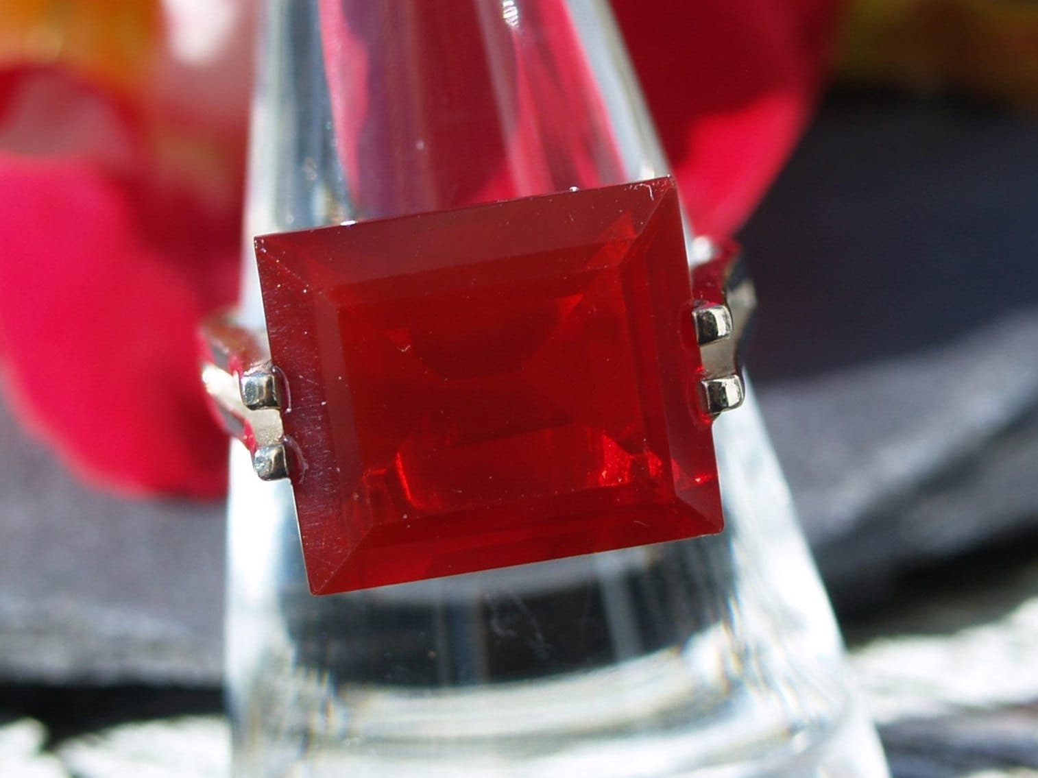 Vintage Red Selenium Glass Silver Design Ring Size Q or 8 US.