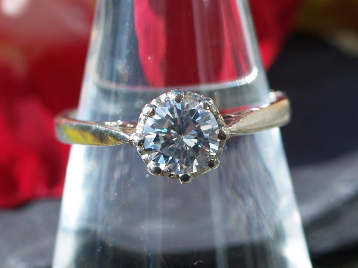 Vintage Sterling Silver Solitaire Cubic Zirconia Engagement Ring Size O or 7 US.