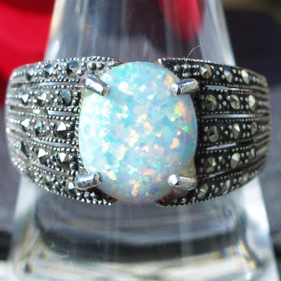 Created Opal & Marcasite Sterling Silver Ring Size U or 10 1/4 US.