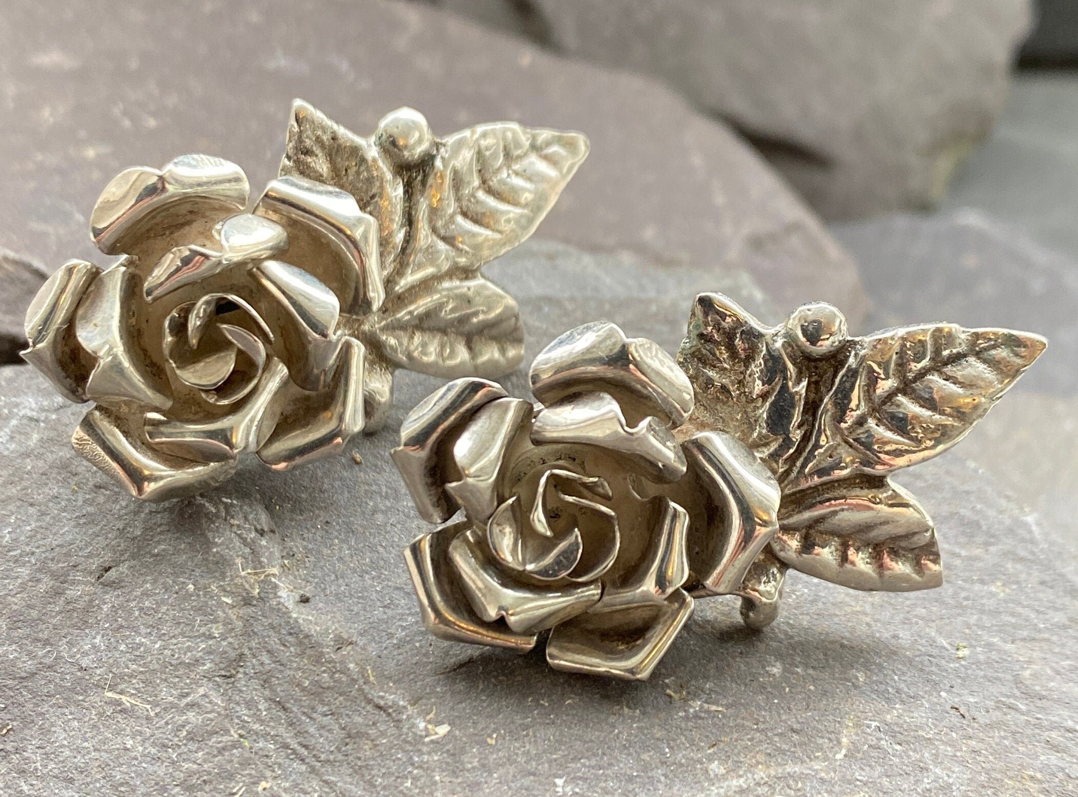 Vintage Cellini Silver Rose & Leaf Earrings With Screw Back Fitting.