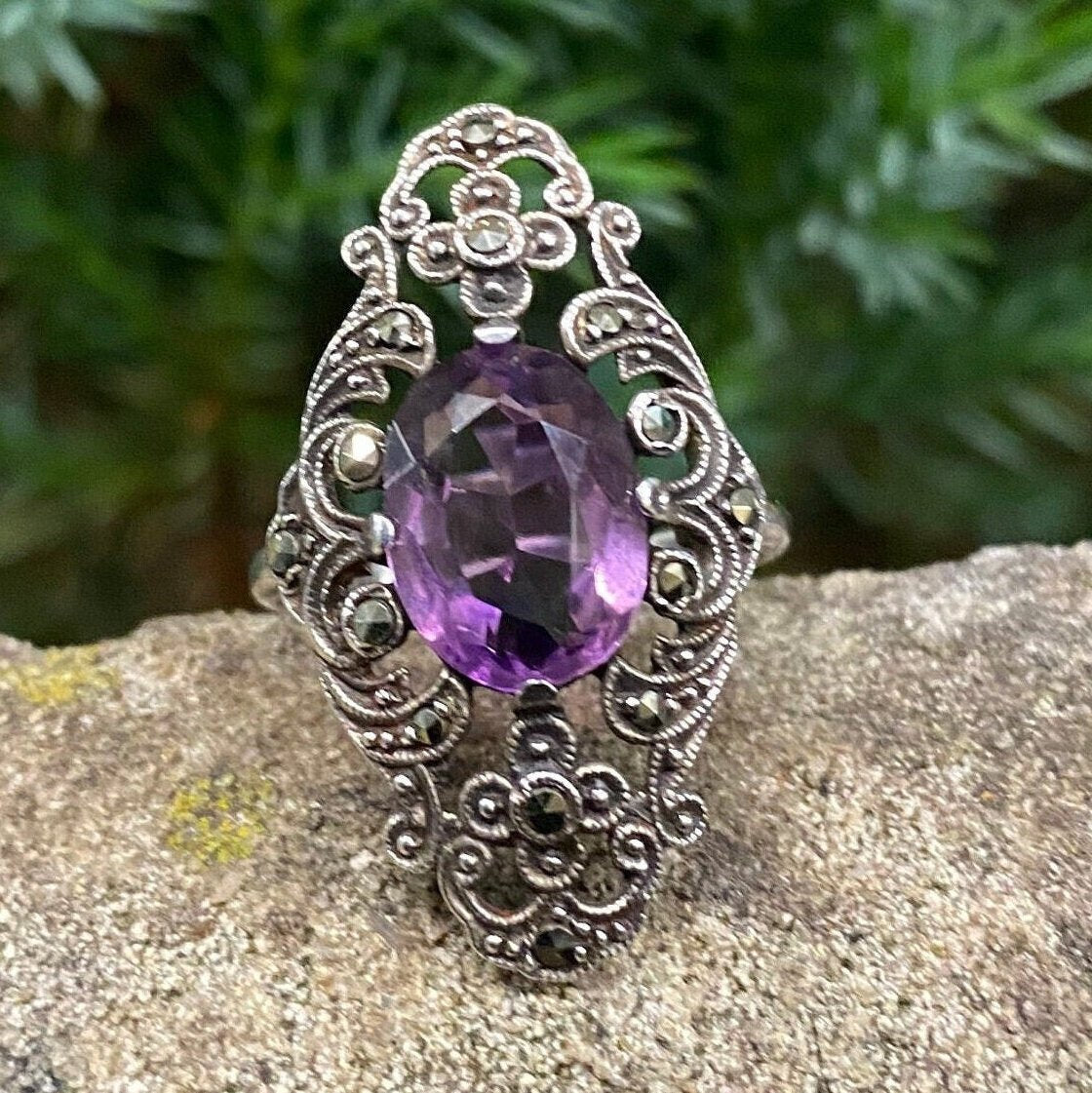 Antique Amethyst Ring In Silver With Marcasite French 935 Size M or 6 1/4 US