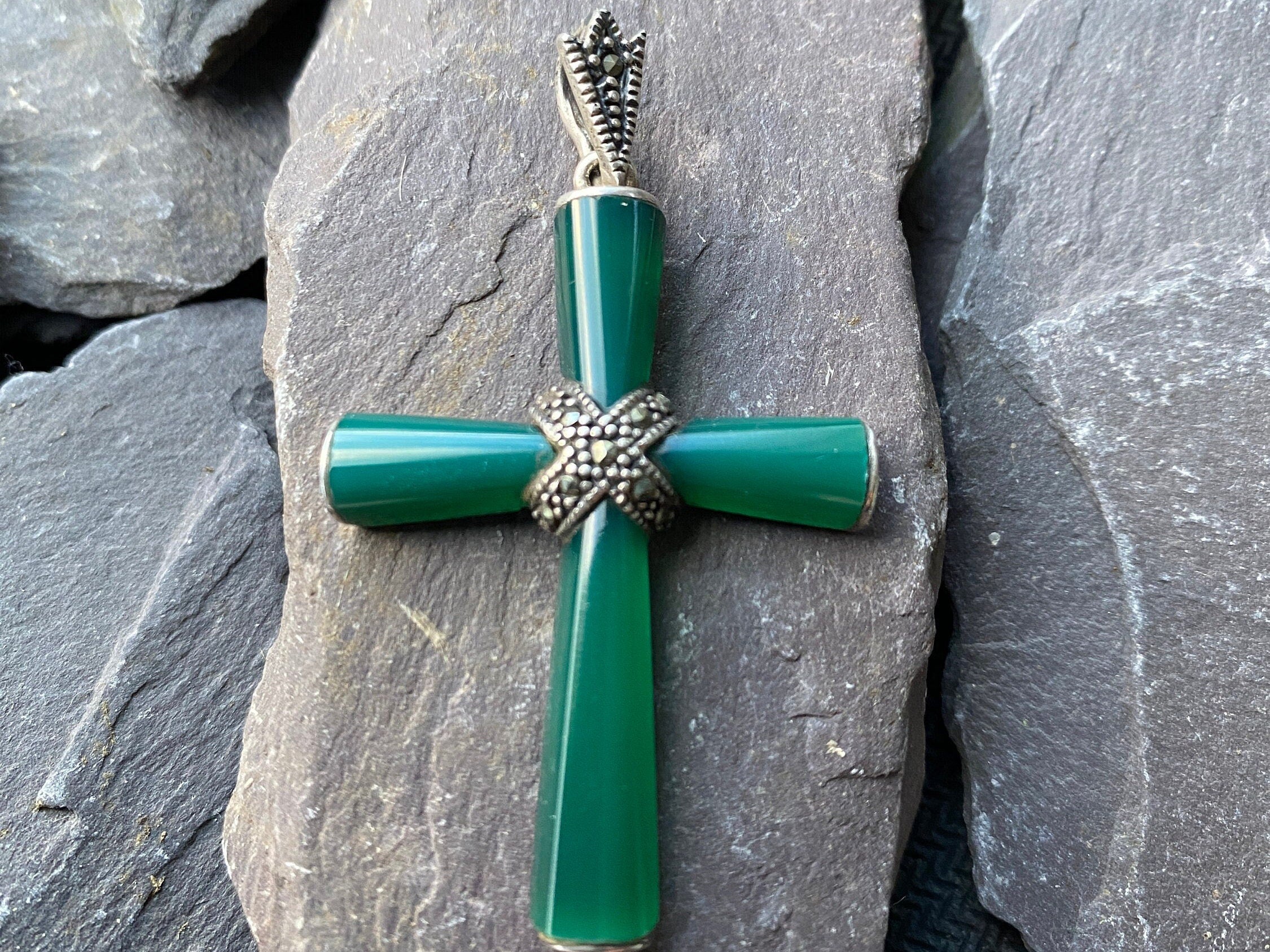 Vintage Silver Cross Pendant With Green Chalcedony and Marcasite Detail.