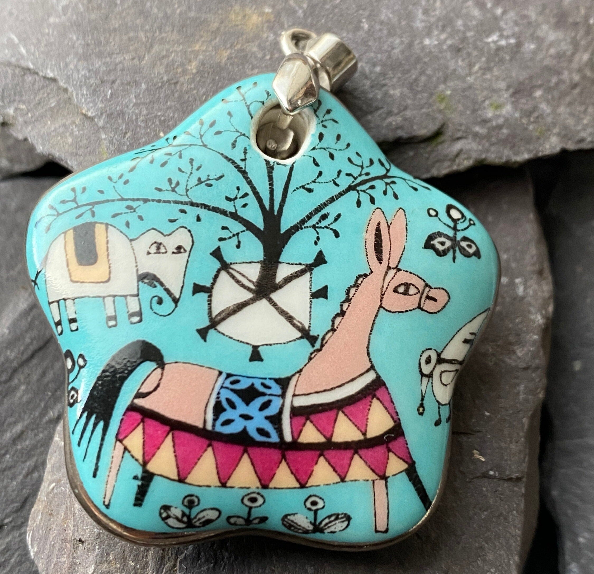 Folk Art Donkey Ceramic Pendant .