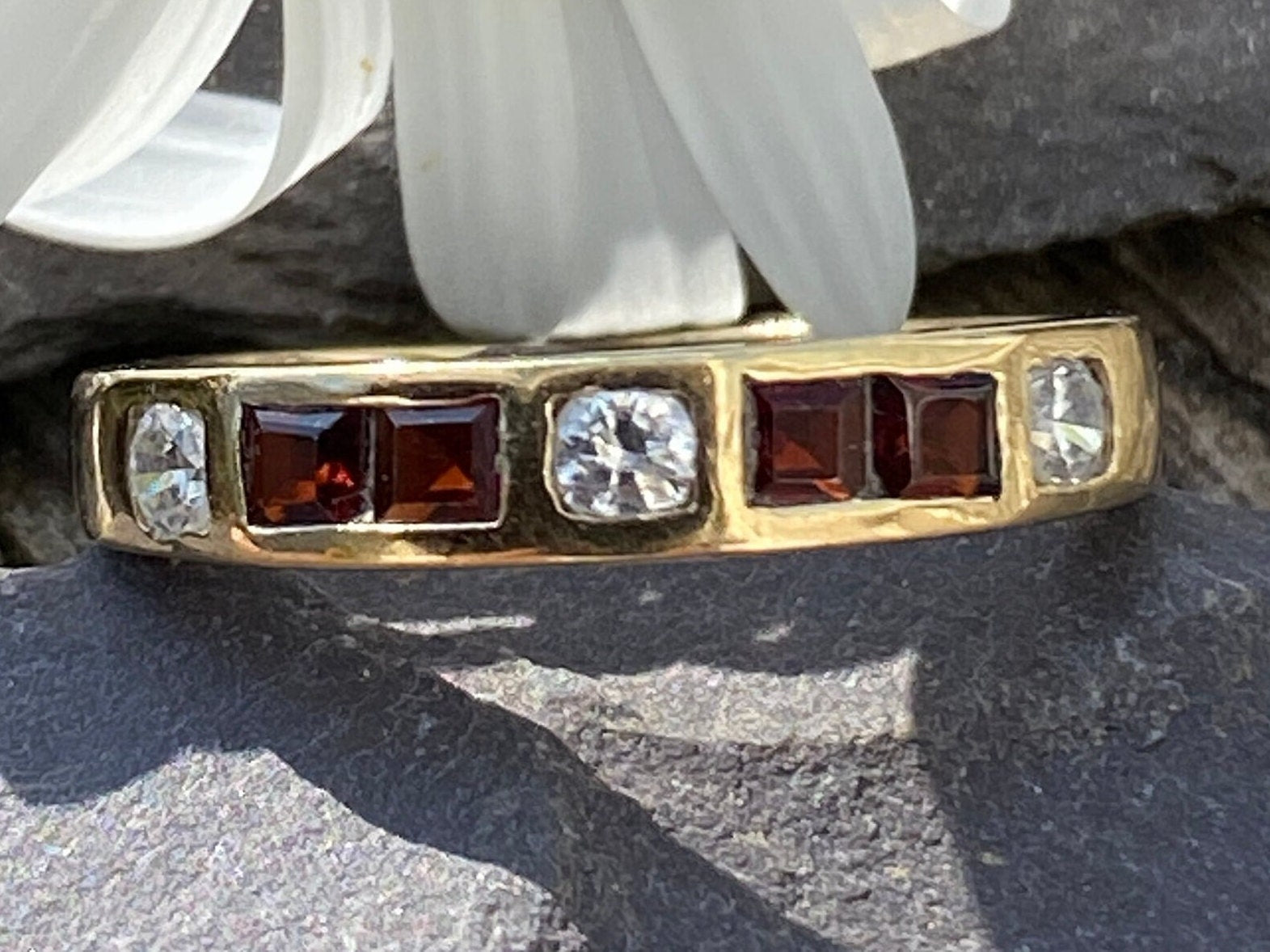 Vintage 9ct Gold Garnet & Cubic Zirconia Half Hoop Eternity Ring Size M or 6 1/4 US