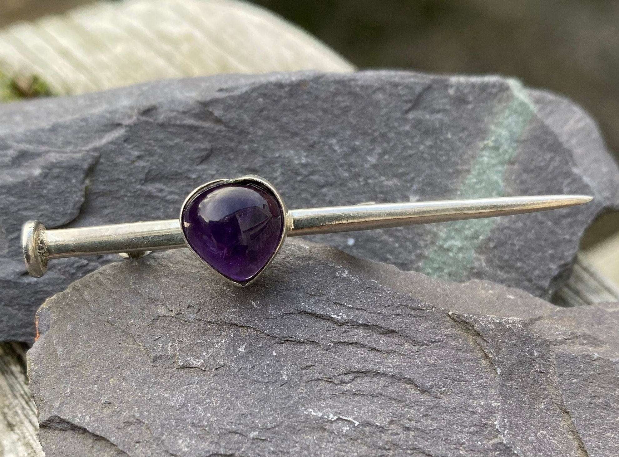 Sterling Silver & Amethyst ‘Nail Through My Heart’ Brooch.