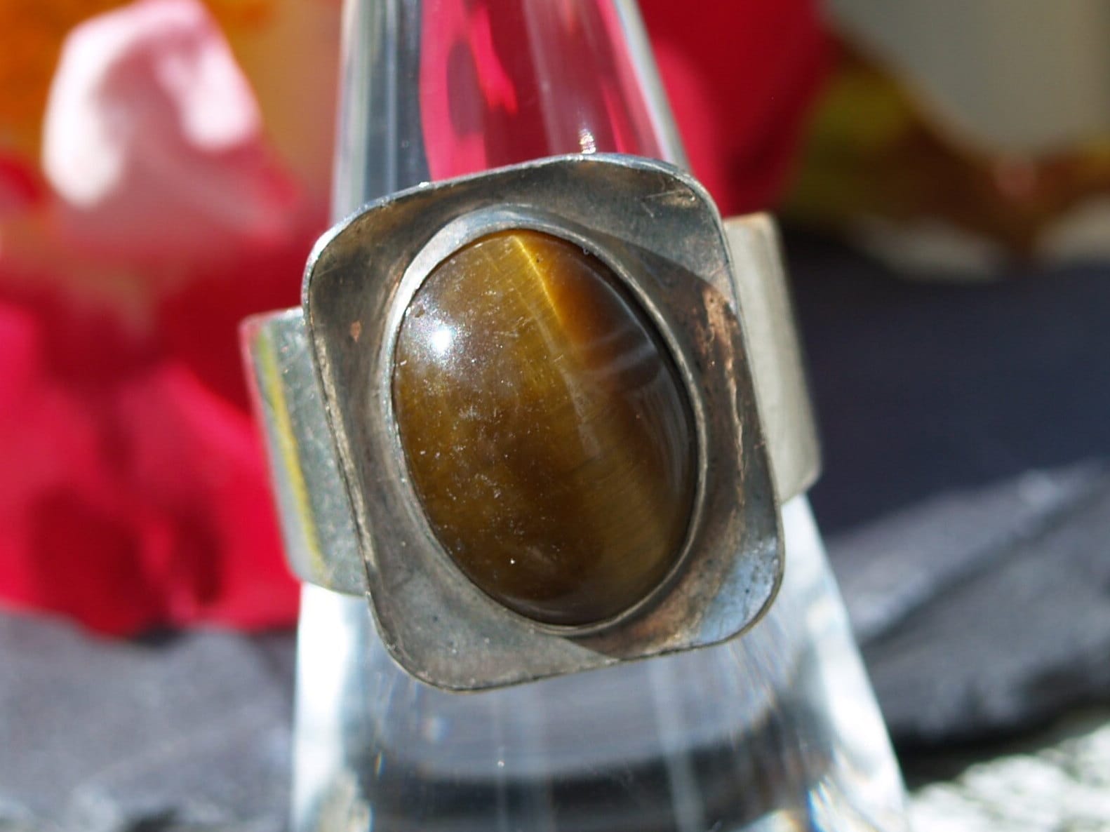 Vintage Retro Sterling Silver Tigers Eye Adjustable Ring.