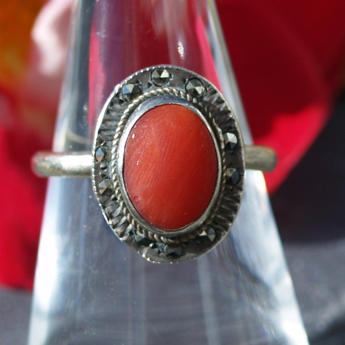 Antique Silver, Coral & Marcasite Ring Size M or 6 1/4 US