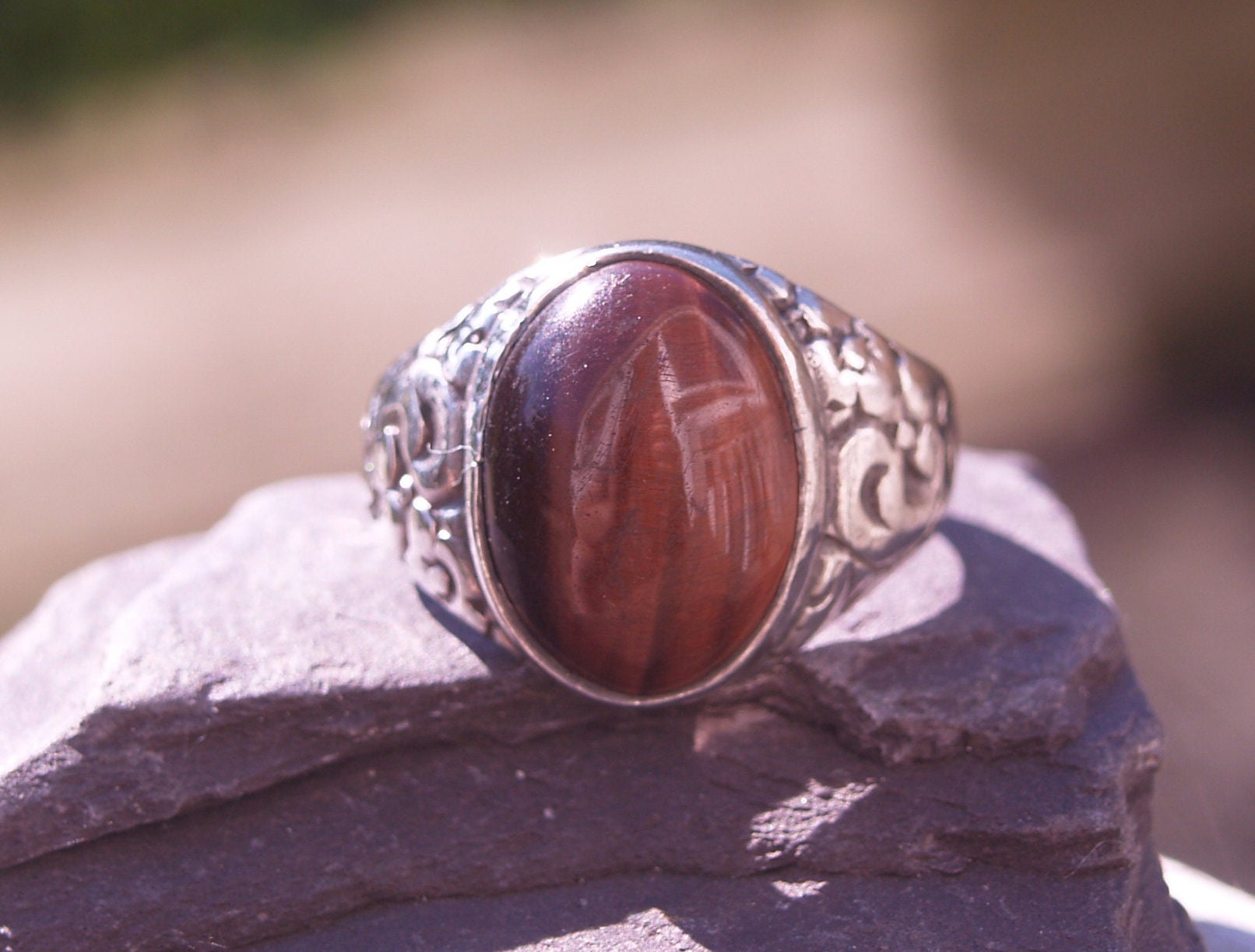 Vintage Sterling Silver & Tigers Eye Quartz Ring Size T 1/2 or 10 US.