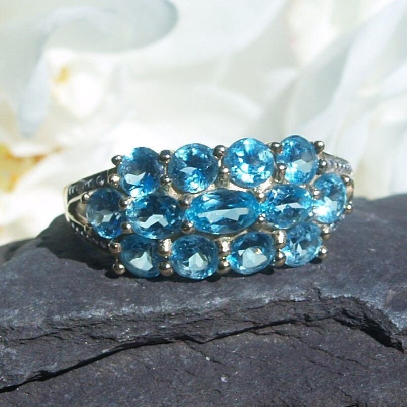 9ct Gold  Blue Topaz Statement Cluster Ring Size P 1/2 or 8 (US) Full Hallmarks Birmingham.