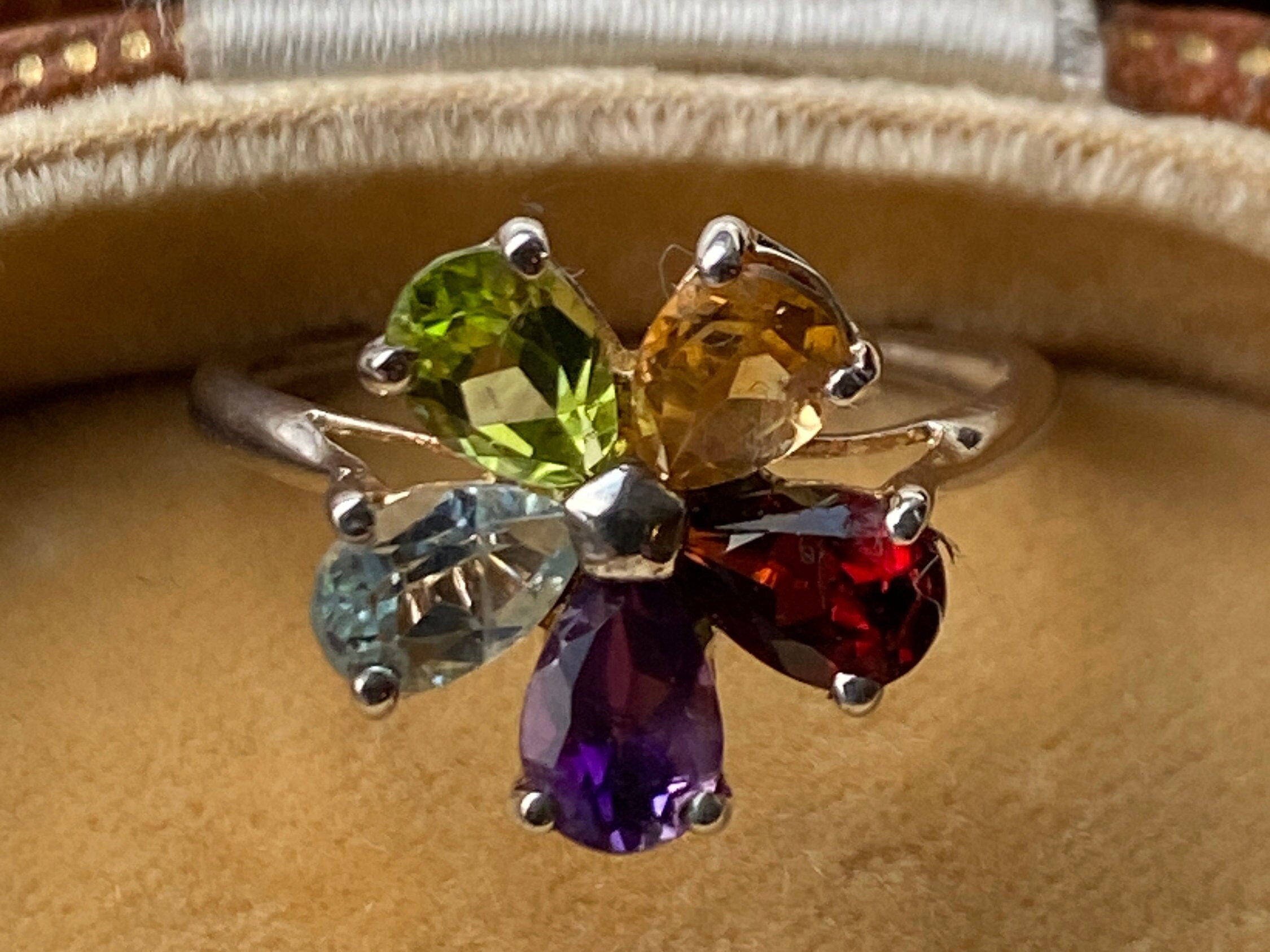 Sterling Silver Flower Ring With Multi Gems Size N or 6 3/4 US.