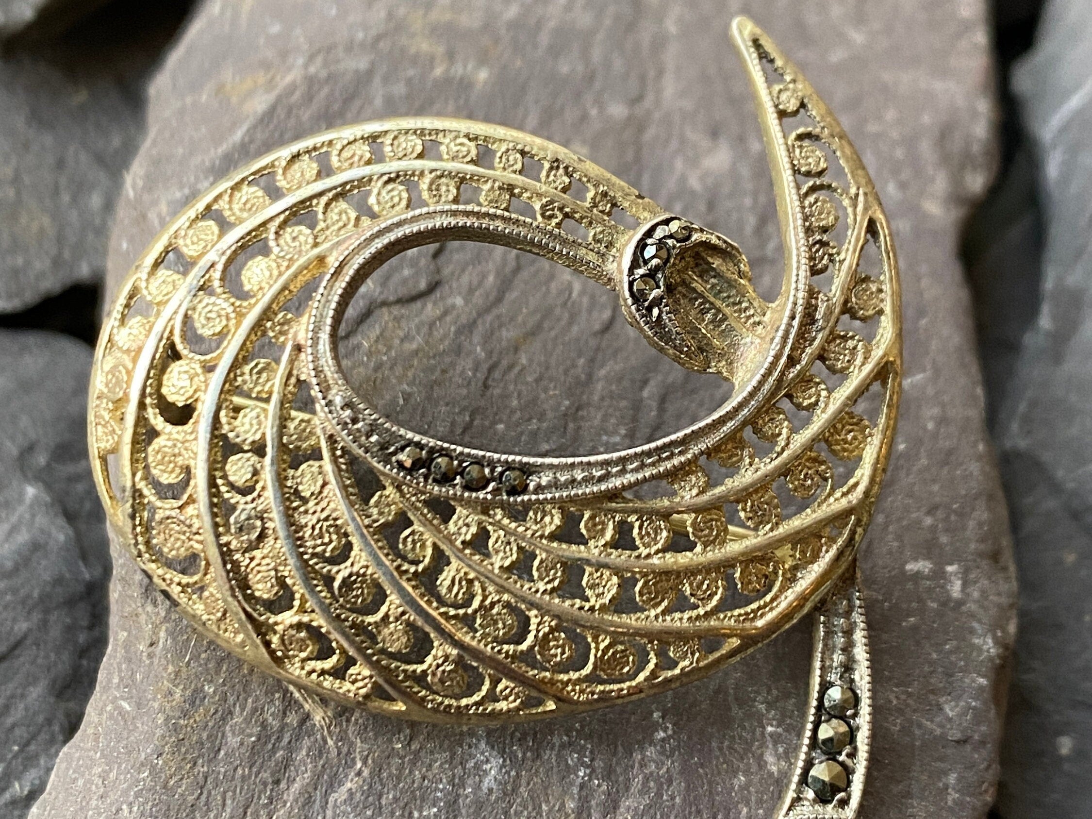 Vintage Silver Filigree Brooch with Vermeil Wash & Marcasite.