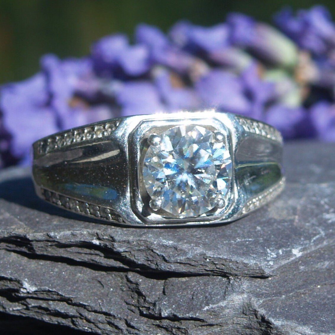 Sterling Silver Gents Moissanite Ring Size X 1/2 or 12 US.