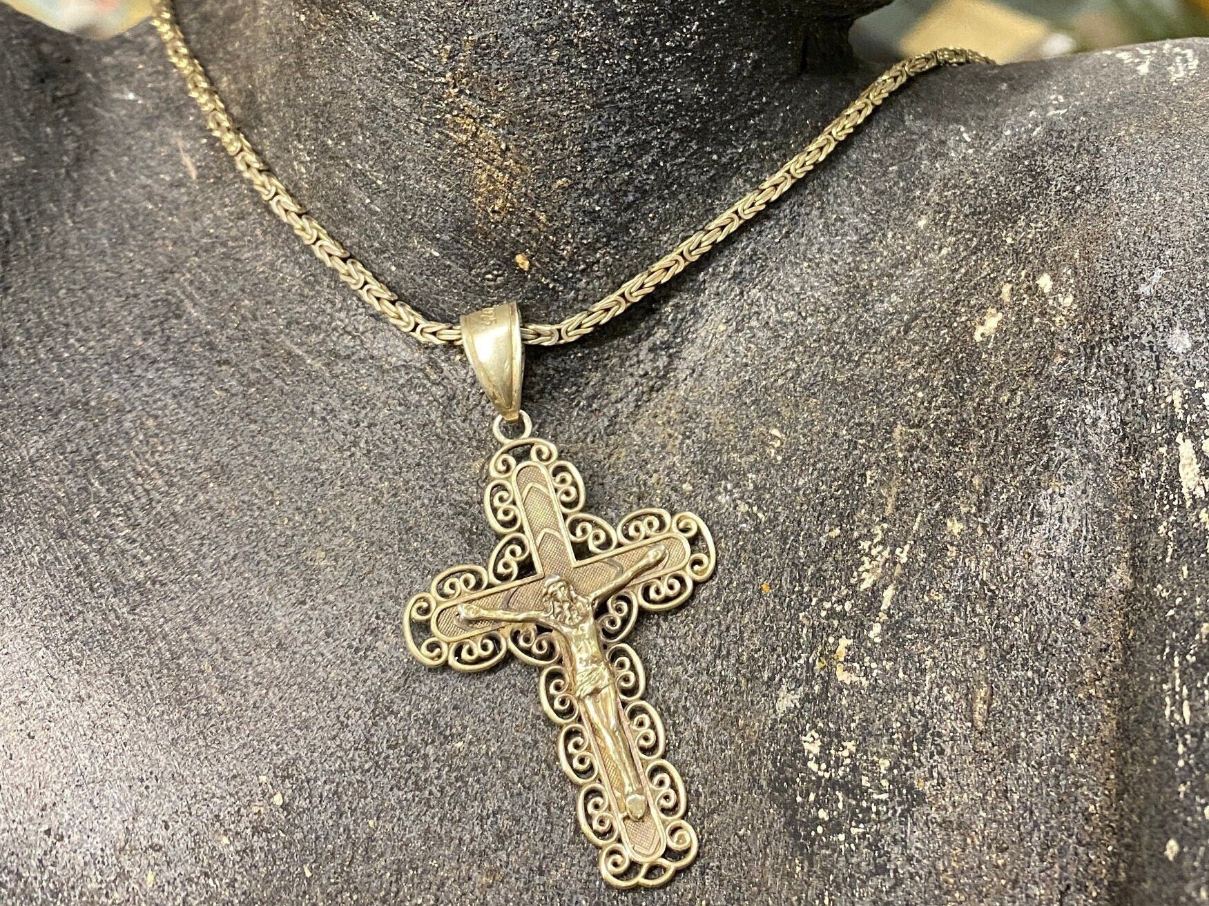 Vintage Sterling Silver Gilt Crucifix & Byzantine Chain.